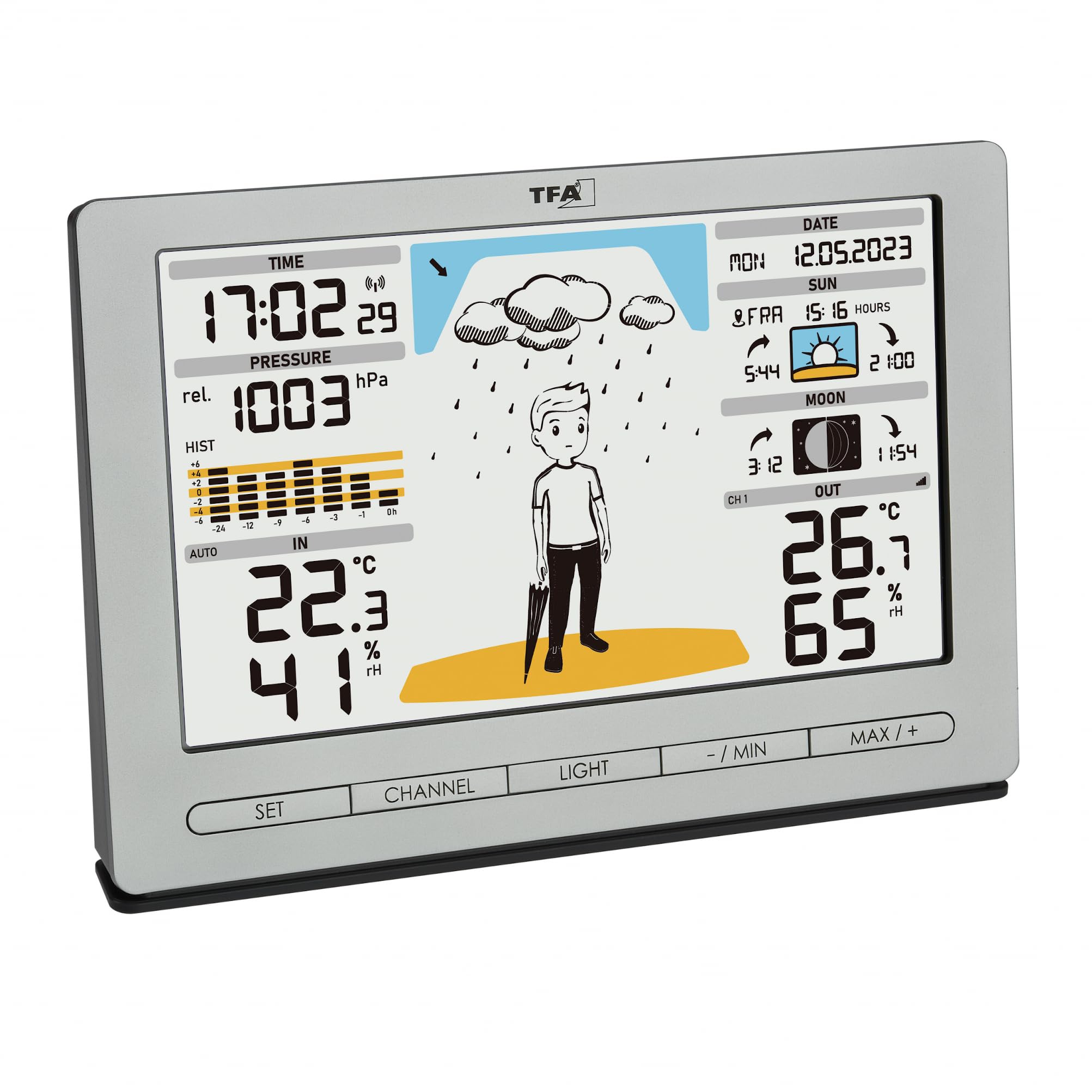 TFA Dostmann METEO JACK 35.1097.01 - Estación meteorológica inalámbrica (incluye transmisor exterior, previsión meteorológica, presión atmosférica, fase lunar, salida y puesta del sol, reloj