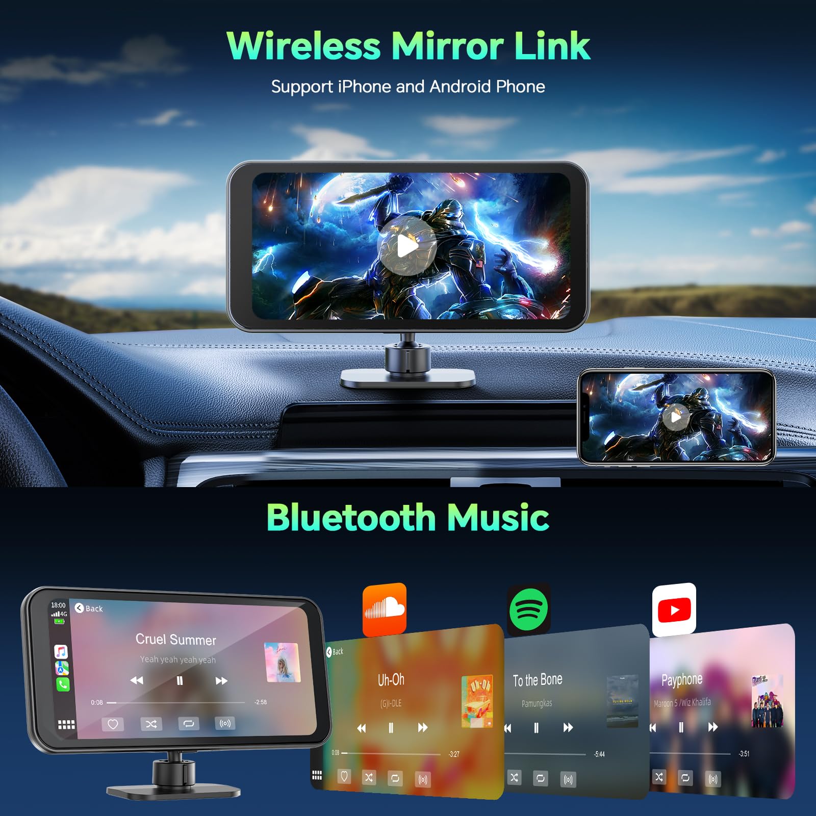 LAMTTO Carplay Coche con 4K+1080p Cámara de Salpicadero Delantera y Trasera, A-ppIe Carplay Android Auto Inalámbrica, 6,25" Pantalla Táctil Navegación Asistente Voz Bluetooth FM AUX Tarjeta SD 64 GB