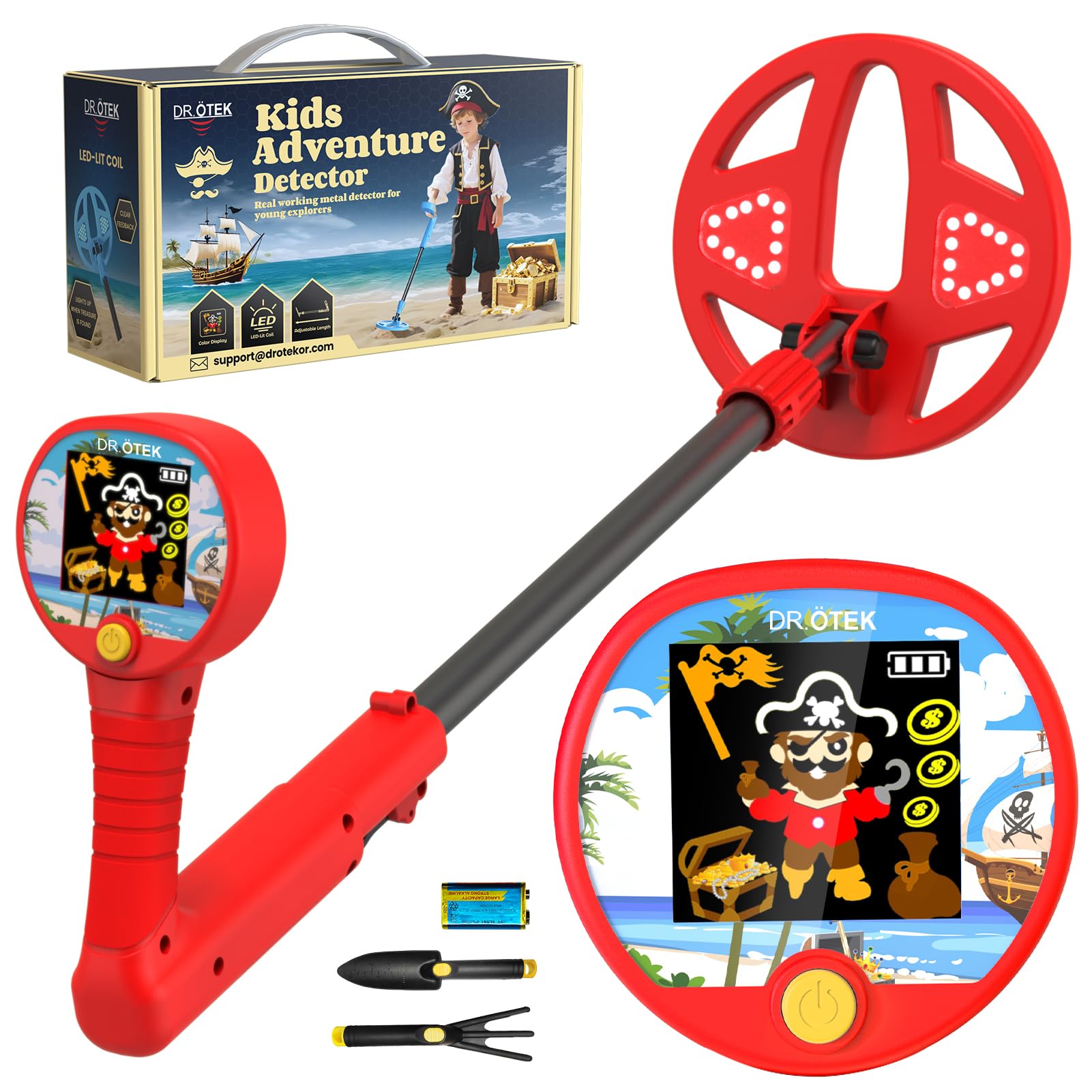DR.ΓTEK Kids Metal Detector β Innovative Color LCD Display, 17cm LED-Lit Coil, Adjustable & Ultra-Lightweight Metal Detector Kids, Child-Safe Rounded Design for Ages 3-12, Red