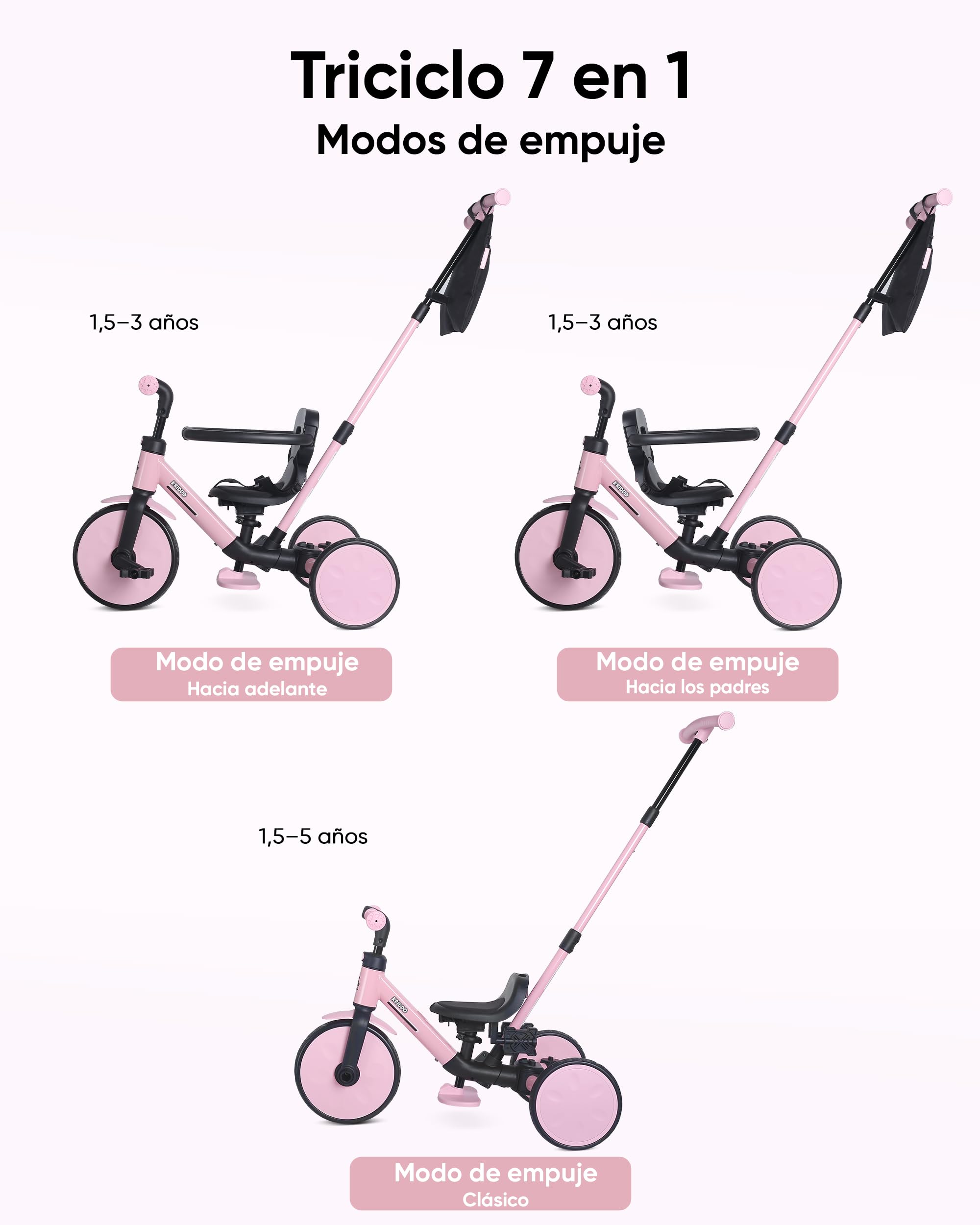 KRIDDO Triciclo Evolutivo 7 en 1 para Niños de 18 Meses a 5 Años – con Barra de Empuje, Triciclo y Bicicleta con o sin Pedales, Arnés de 3 Puntos, Bolsa de Almacenamiento, Rosa