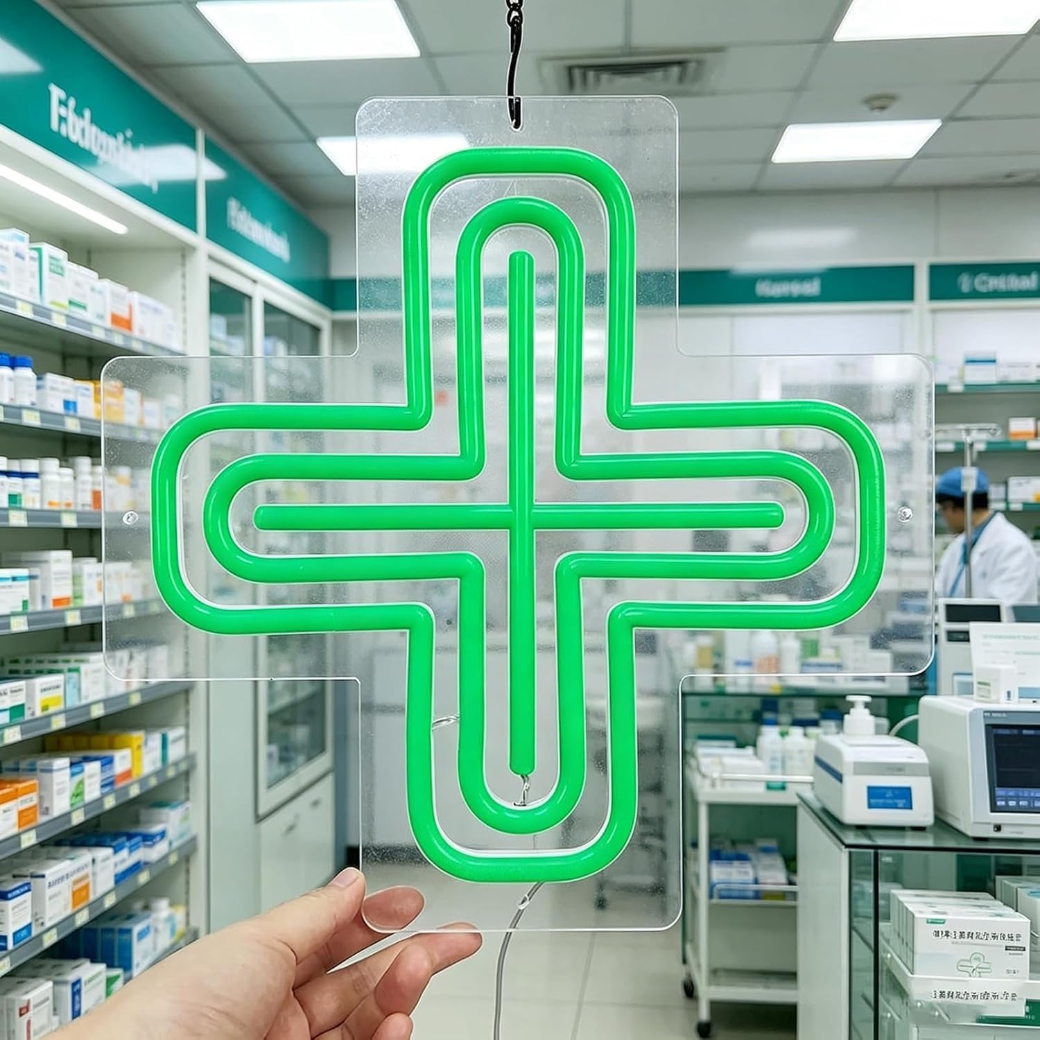 Projekt Zawieszenia Zielonego Znaku Krzyża Aptecznego LED | Zielony znak krzyża aptecznego o dużej jasności, 2 tryby zawieszenia, lampa wewnętrzna do sklepu szpitalnego