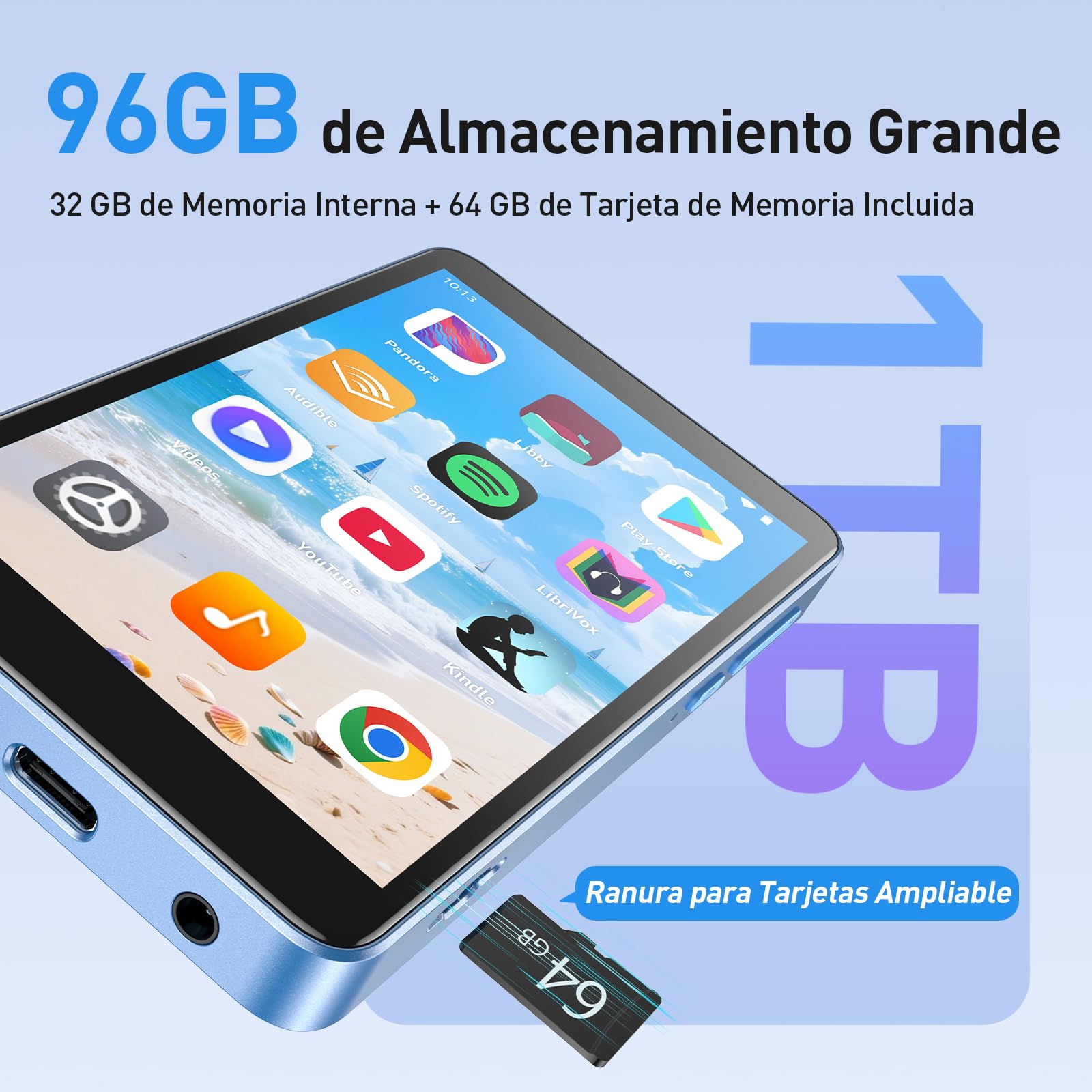AGPTEK 96GB Reproductor MP4 Android 14, 4" MP3 WiFi Bluetooth Spotify Azul | Reproductor de Música MP3 Player con Spotify, Audible, App Store, Amazon Music, hasta 1 TB