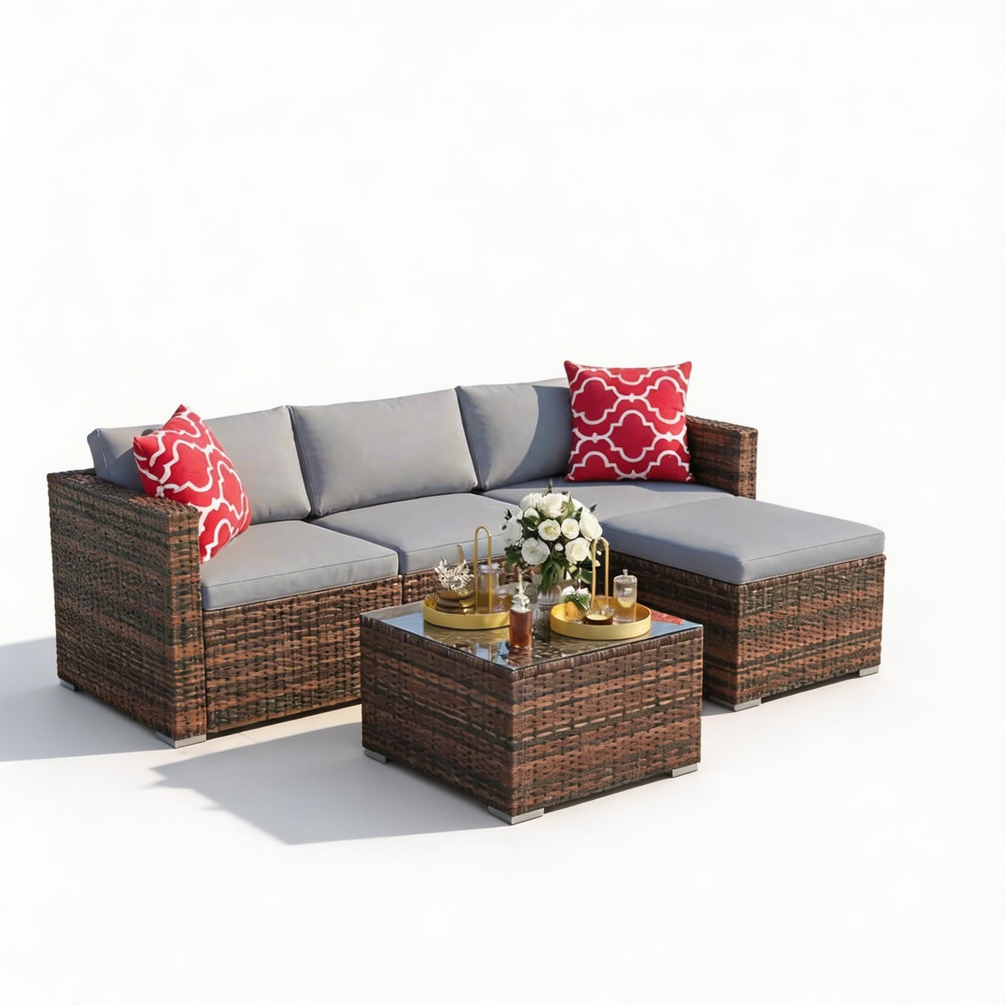 GarveeTech 5 Pieces Patio Furniture Set, All Weather Wicker Rattan Sectional Sofa,Outdoor Patio Furniture Set with Washable Cushions for Garden,
