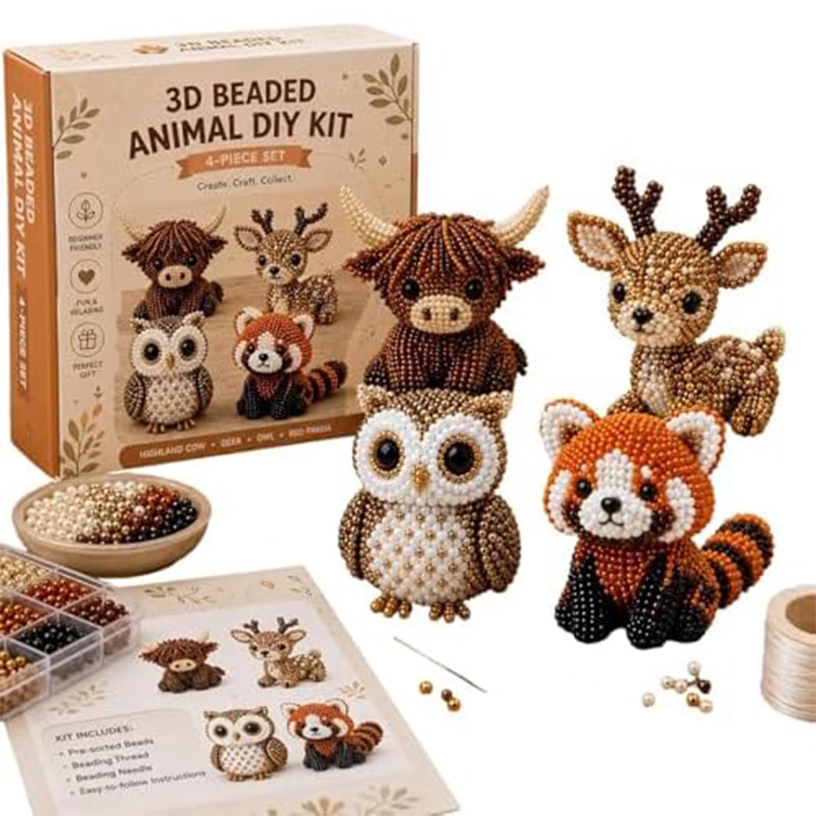 DIY 3D Animal Beadwork Crafts Kit Complete Accessories Cute Bead Craft Set 3D Beaded DIY Kit for Crafting Enthusiasts Girls Women Teens Adults