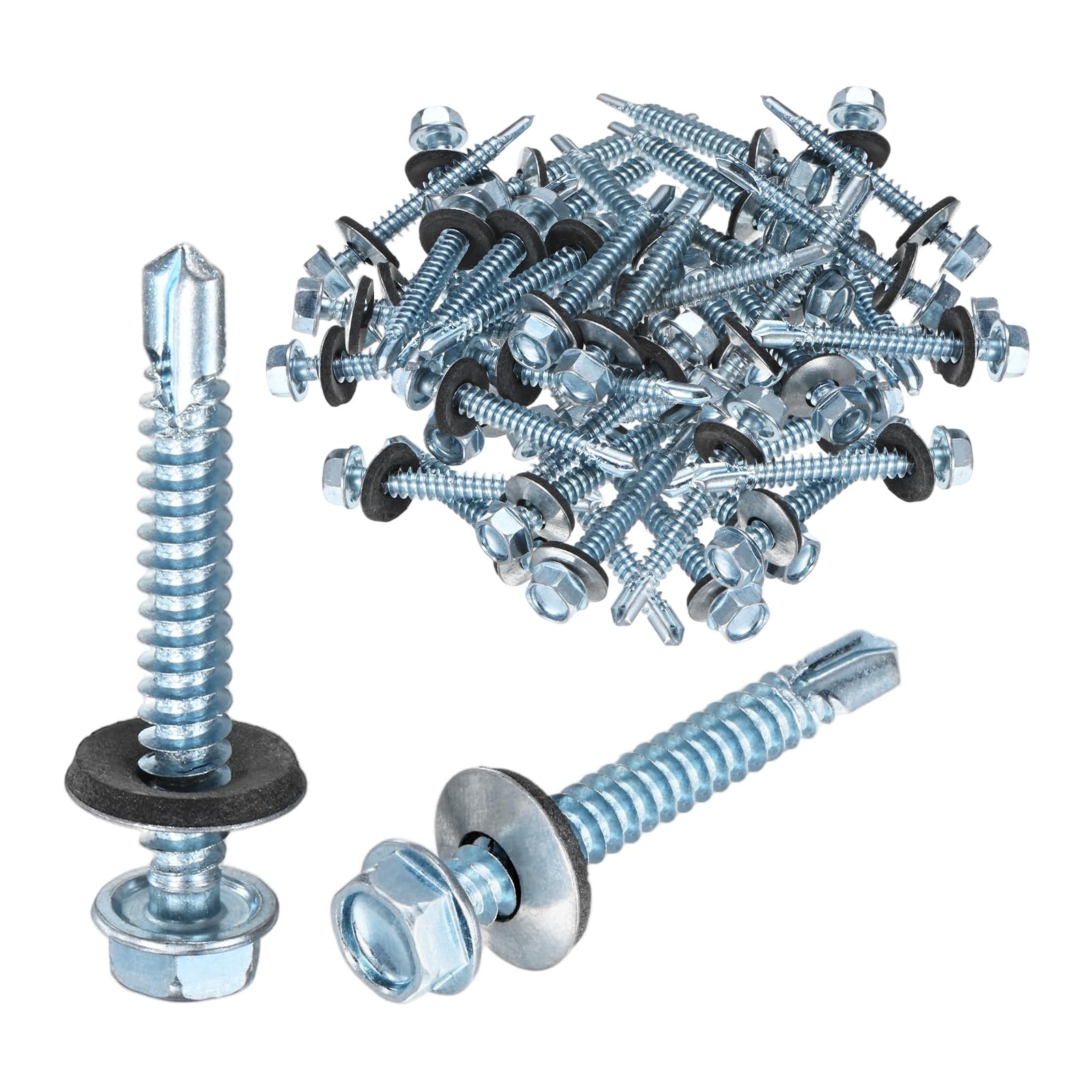 M METERXITY 50-Pack Self Drilling Screws with Rubber Washer M6.3 x 50mm Zinc Plated Carbon Steel Hex Head Self-Tapping Screws for Metal Roofing/Siding Panels/Steel Structures