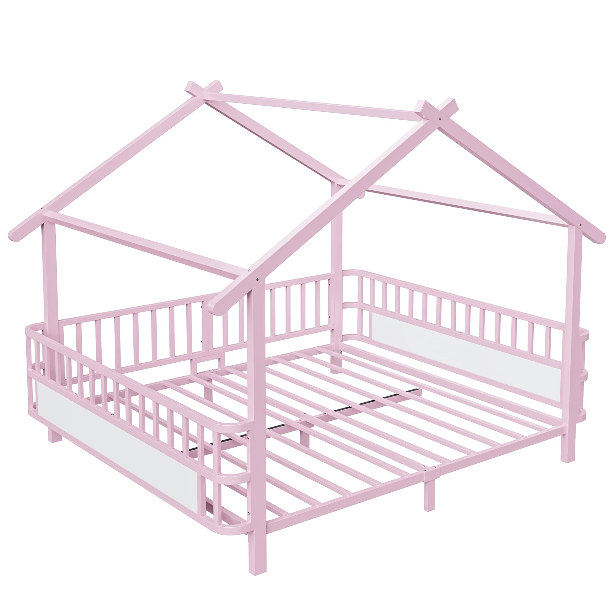 Merax Kinderbett aus Metall in Hausform 140x200 cm mit Sicherheitsgitter & Dachdesign – Rosa (Ohne Matratze)