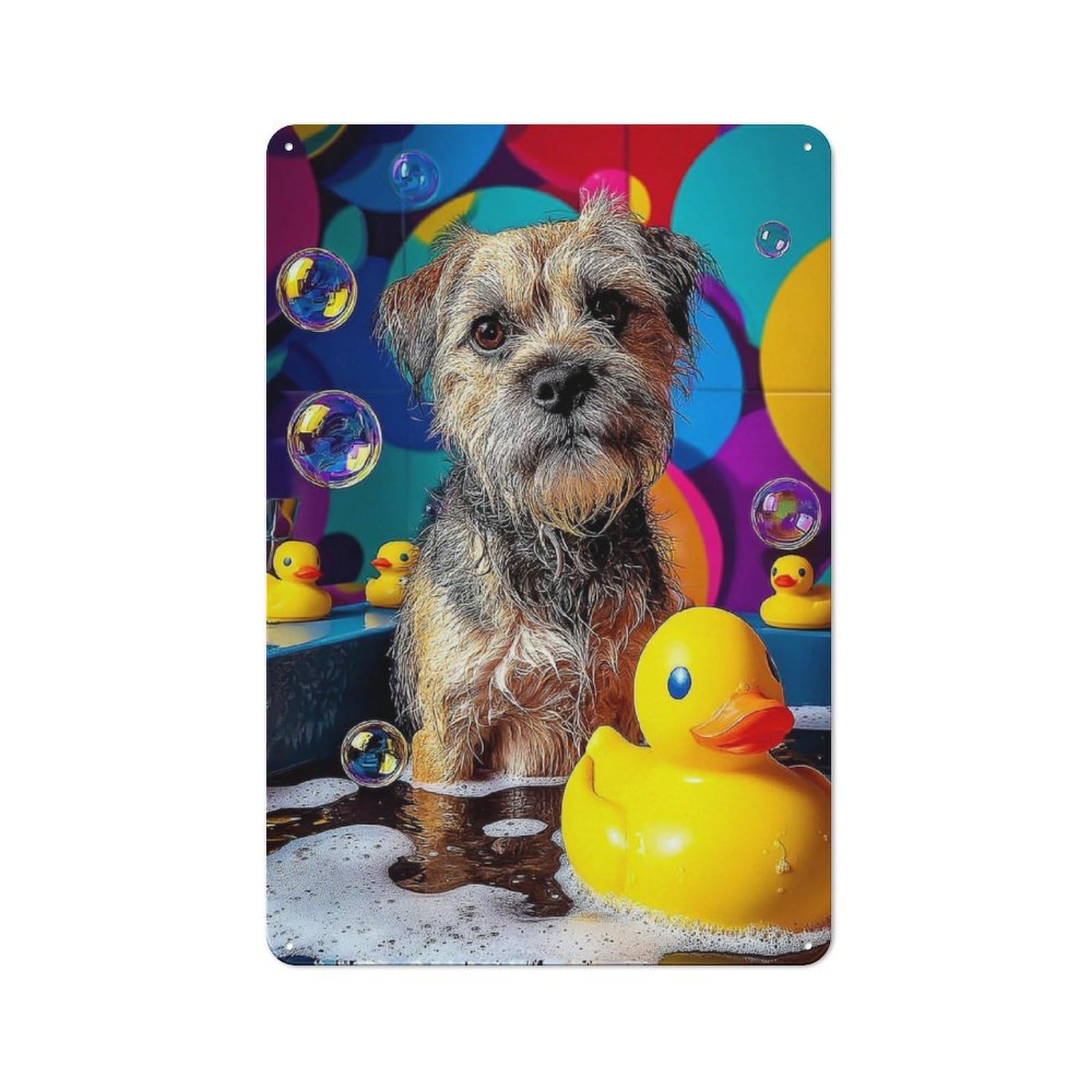 Junmoney Dog In Bathtub With Rubber Ducks Tin Wall Plaque 30X20cm With For Hallway Wall, With Clear Retro Wall Decor Character