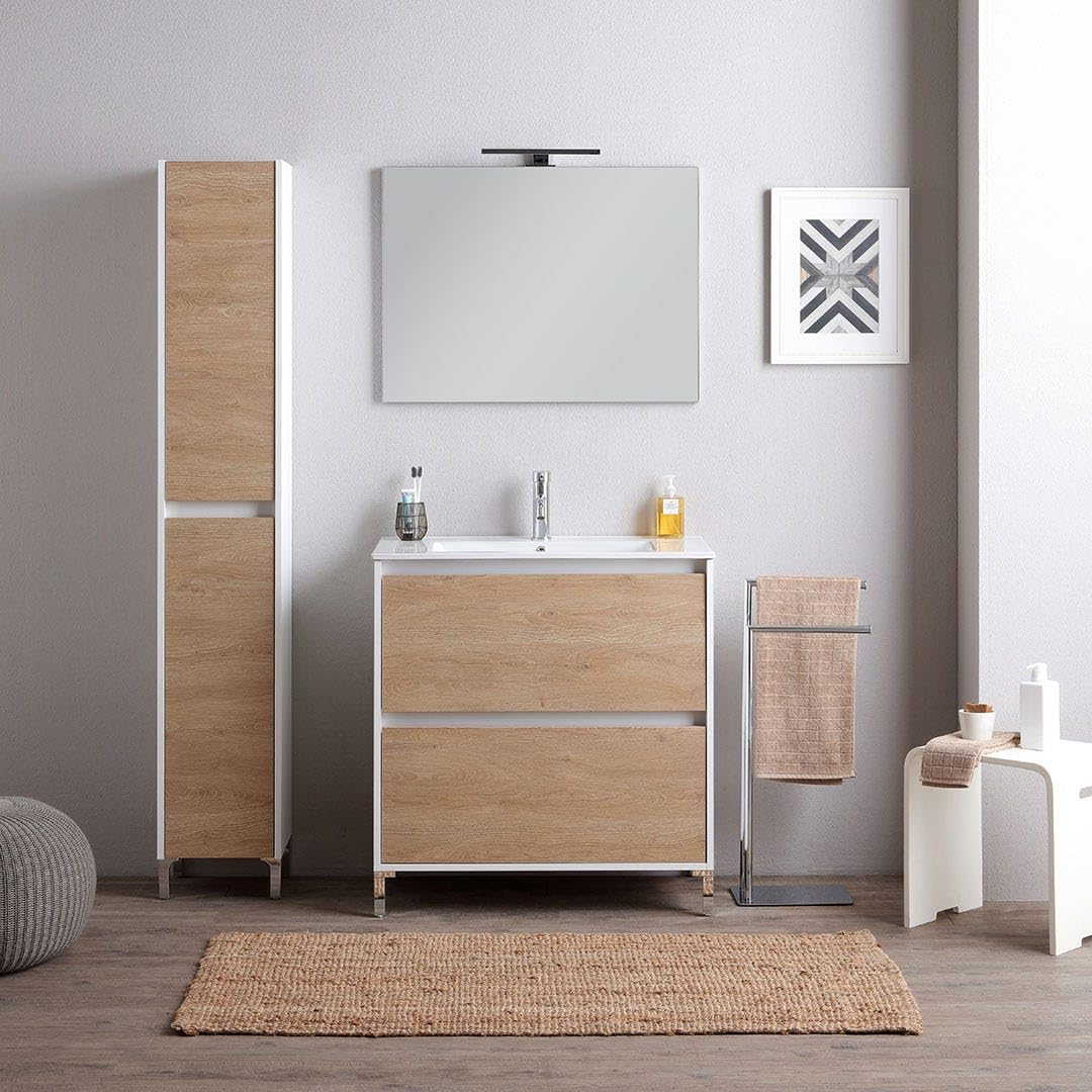 Kiamami Valentina - Mobile Bagno A Terra Da 80Cm Bianco Con Lavabo E Cassetti Rovere | Laguna