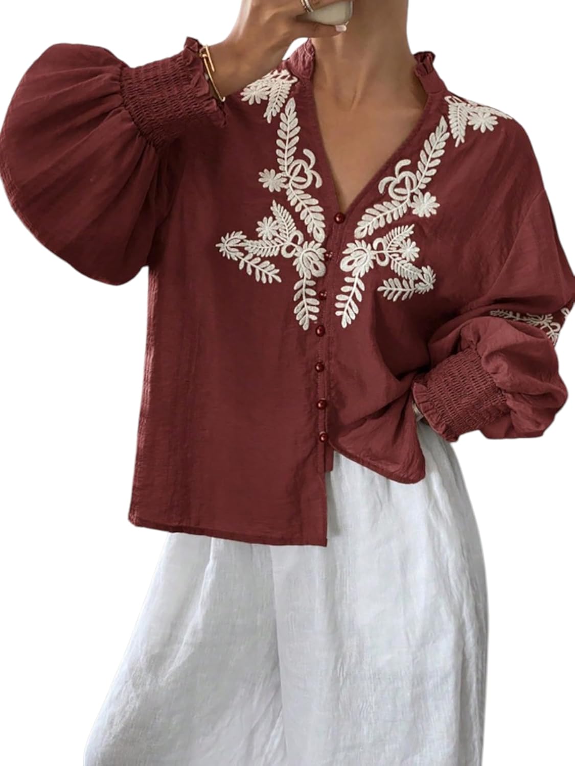 Women's Embroidered Puff Sleeve Blouse, Vintage Floral Boho V-Neck Button Down Shirts with Smocked Cuffs