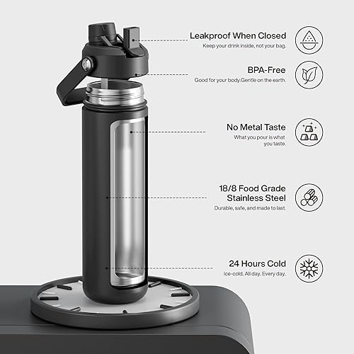 Miniatura 546 de ENCOOL Botella de agua aislada con popote, de acero inoxidable, a prueba de fugas, sin BPA, al vacío de doble pared que se mantiene fría durante 24