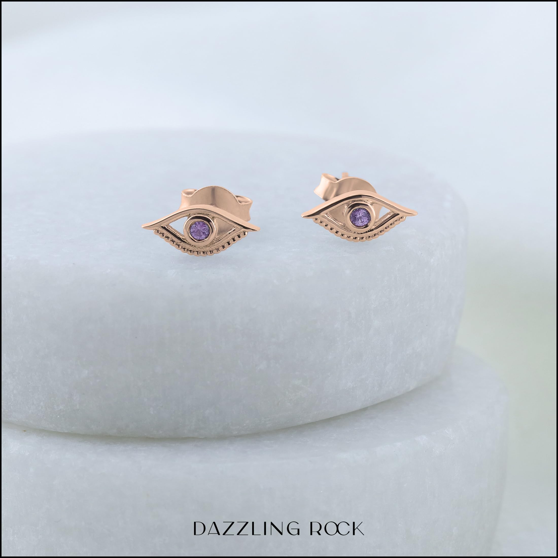 Dazzlingrock Collection Pendientes solitarios de ojo turco con piedras preciosas redondas, oro de 14 quilates, Oro rosa Zafiro rosa Oro rosa, Zafiro rosa