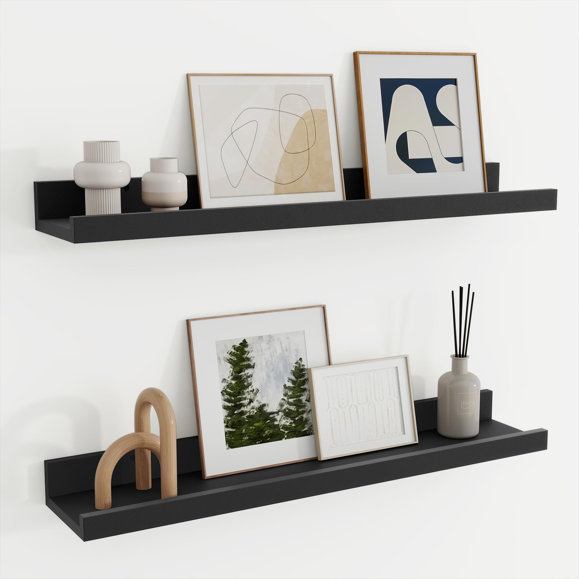 Floating Shelves Set of 2, 60cm Picture Ledge Shelf, Nursery Shelves with Lip for Storage, Kids Bookshelf Wood Wall Mounted Black Shelves for Living Room Bedroom Studies Decor Books Photo Frames