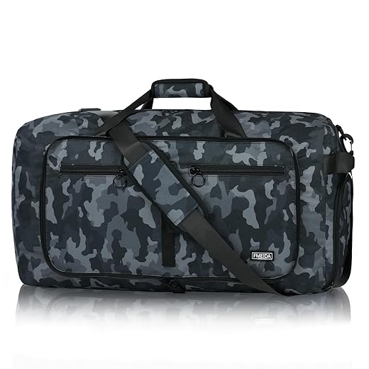 Fmeida 65L Duffle Bag with Shoes Compartment, Foldable Travel Duffel Bags for Men Women, Large Packable Travel Bag Water Repellent & Tear Resistant (BlackCamo)