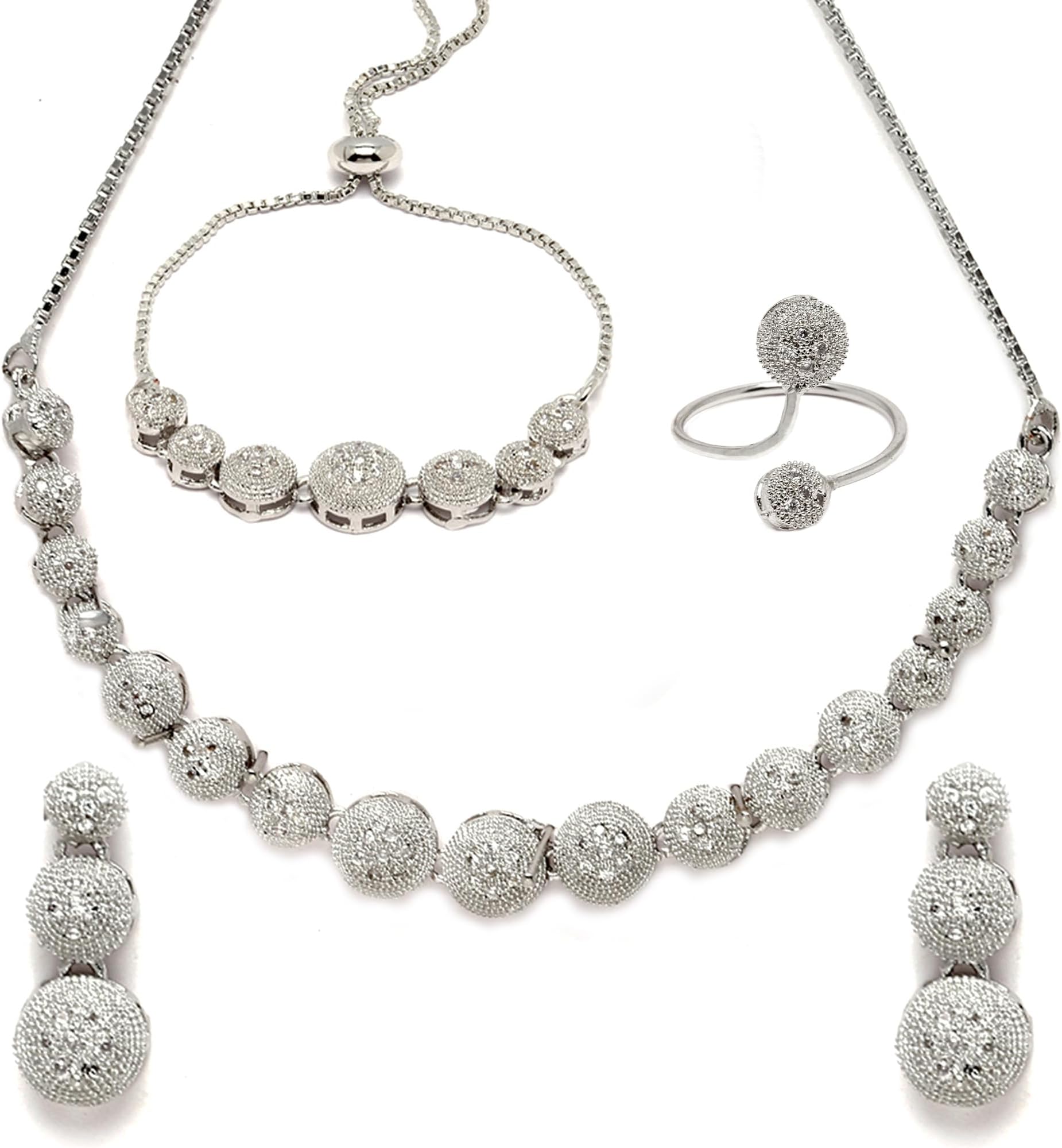 ZENEME Rhodium-Plated Silver Toned American Diamond studded Necklace, Earrings, Bracelet & Ring Jewellery Set for Girls and Women