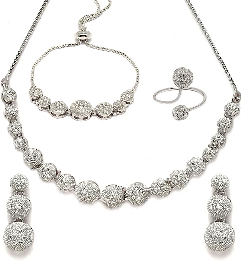ZENEME Rhodium-Plated Silver Toned American Diamond studded Necklace, Earrings, Bracelet & Ring Jewellery Set for Girls an...