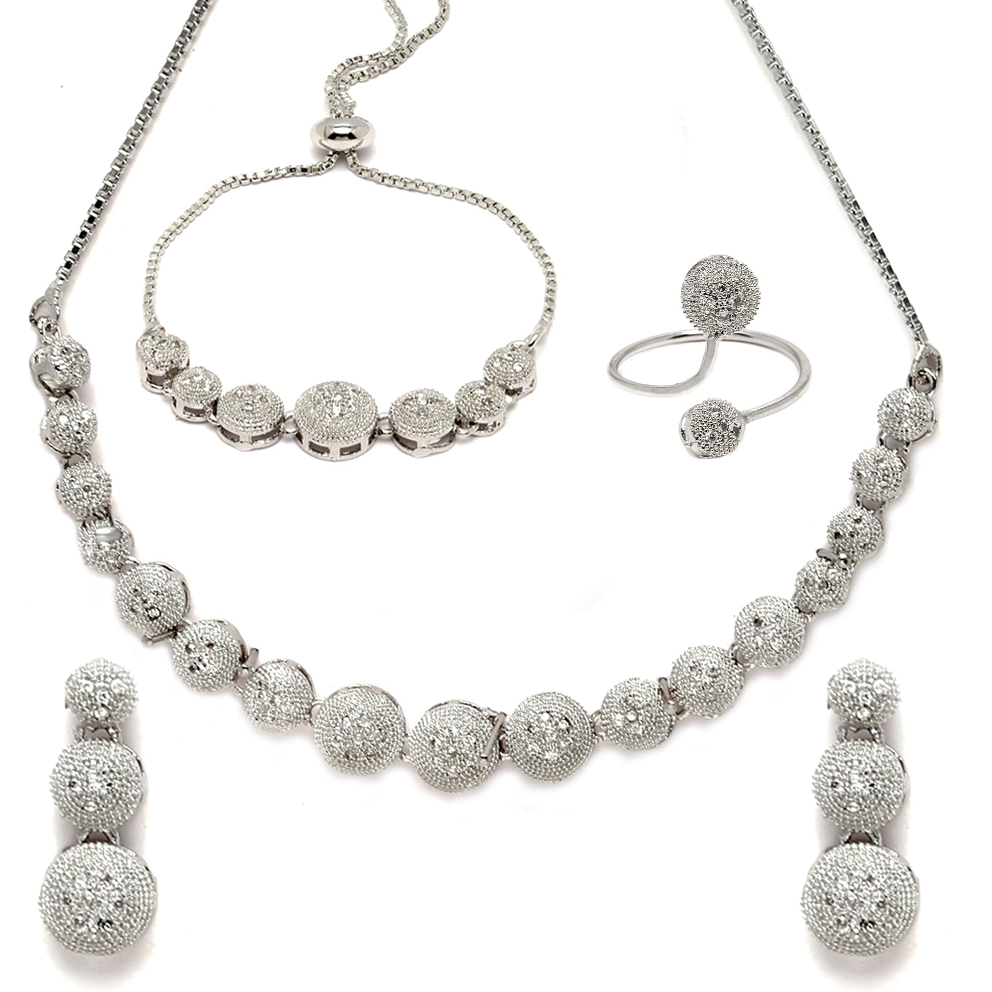 Rhodium-Plated Silver Toned American Diamond studded Necklace, Earrings, Bracelet & Ring Jewellery Set for Girls and Women