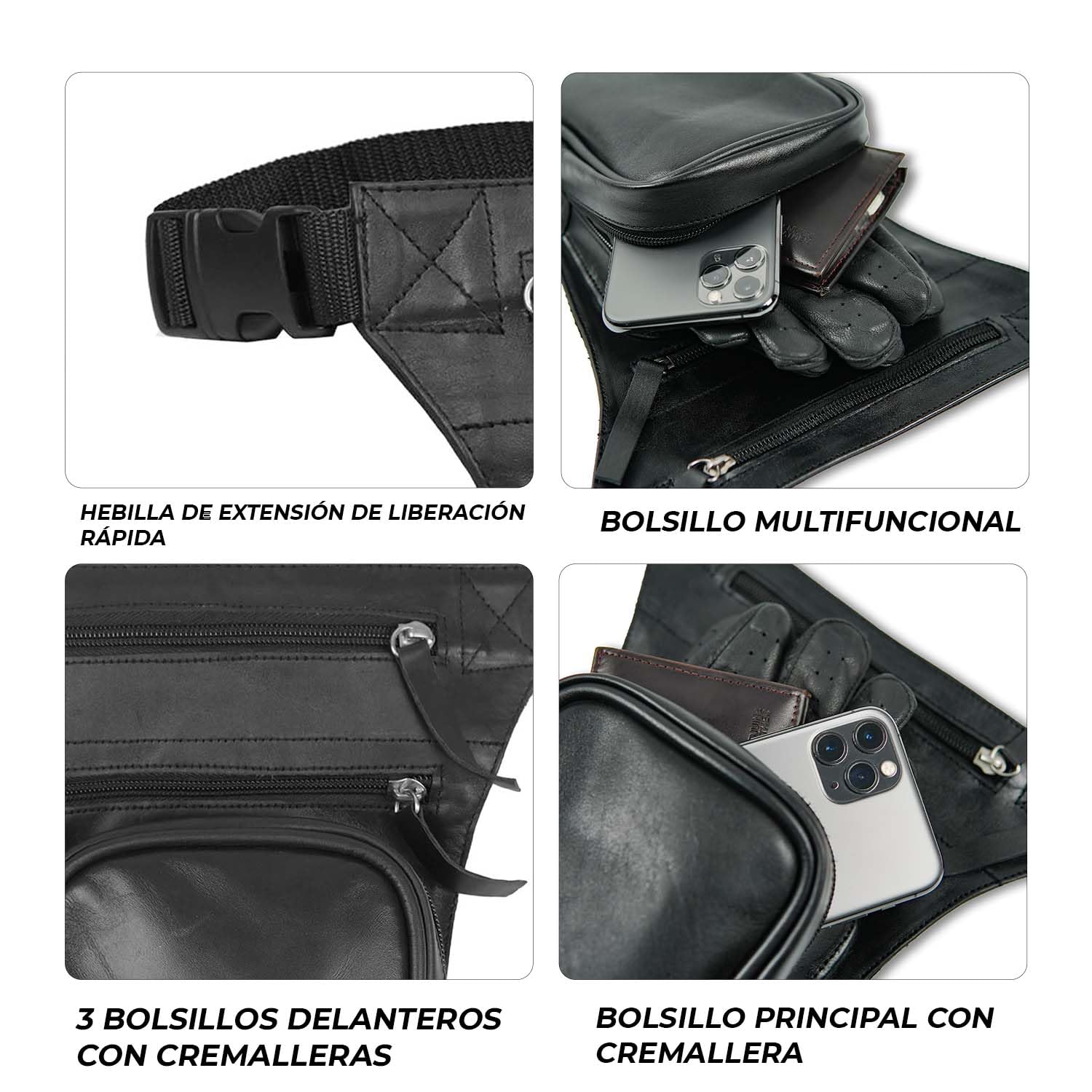 Leatherick Borsa da gamba in pelle - Pelle bovina anilina con cinghie regolabili, design multitasche e chiusure con cerniera