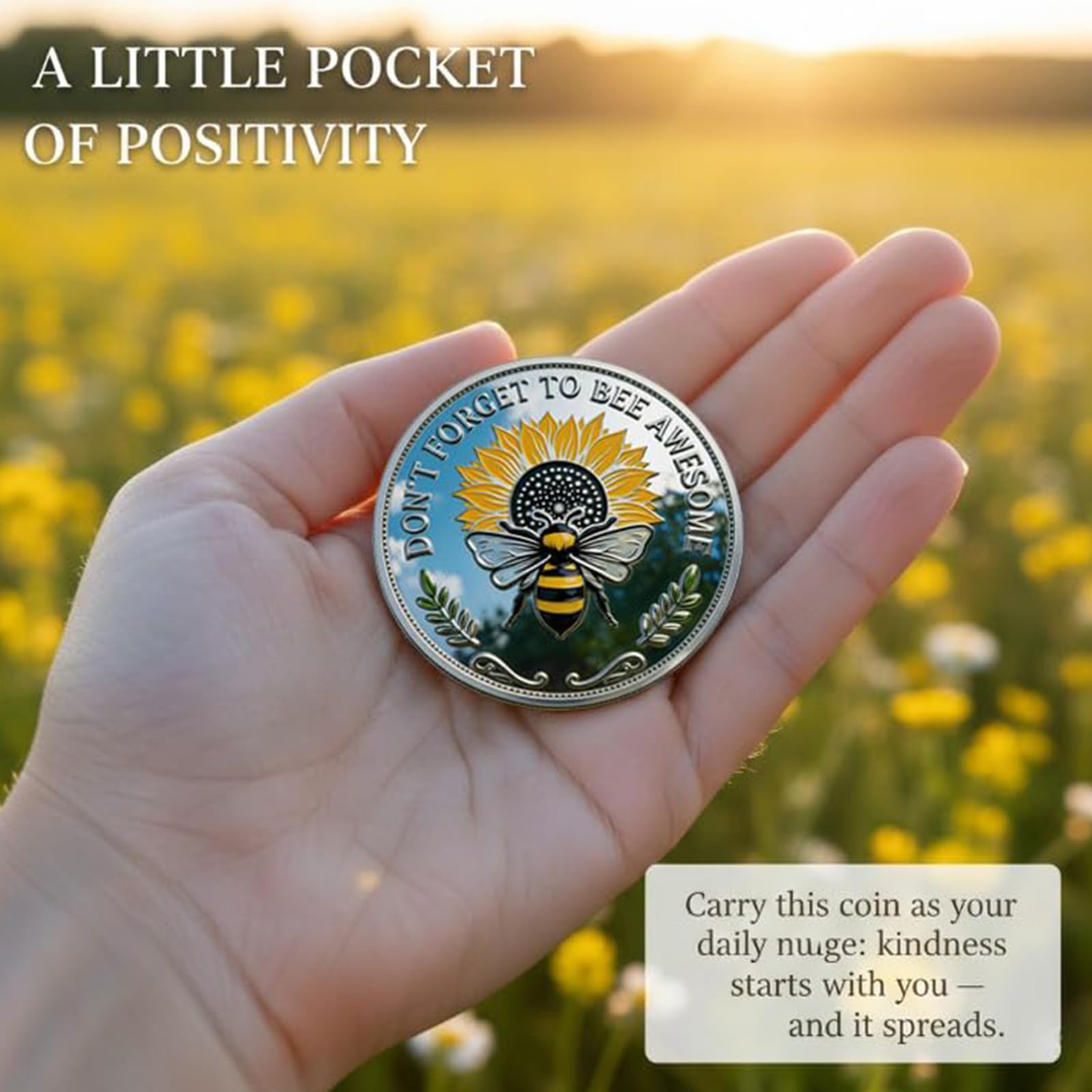 Moneda de positividad tipo abeja, ficha de abeja inspiradora de doble cara con diseño de girasol y laurel, moneda de desafío motivacional para la afirmación diaria (3pcs)