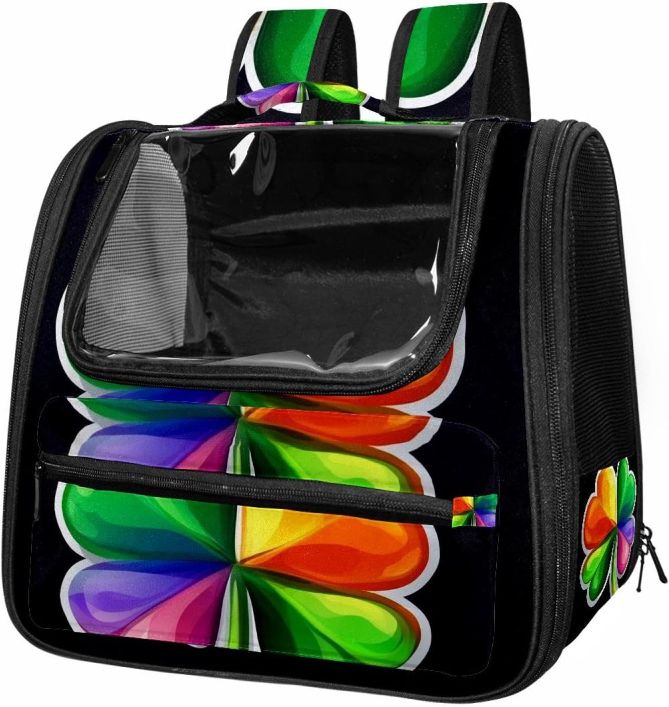 Portable Travel pet Backpack Carrier Hamster Bag Small Dog cat Carrier Breathable Hang Bag, Rainbow Clover