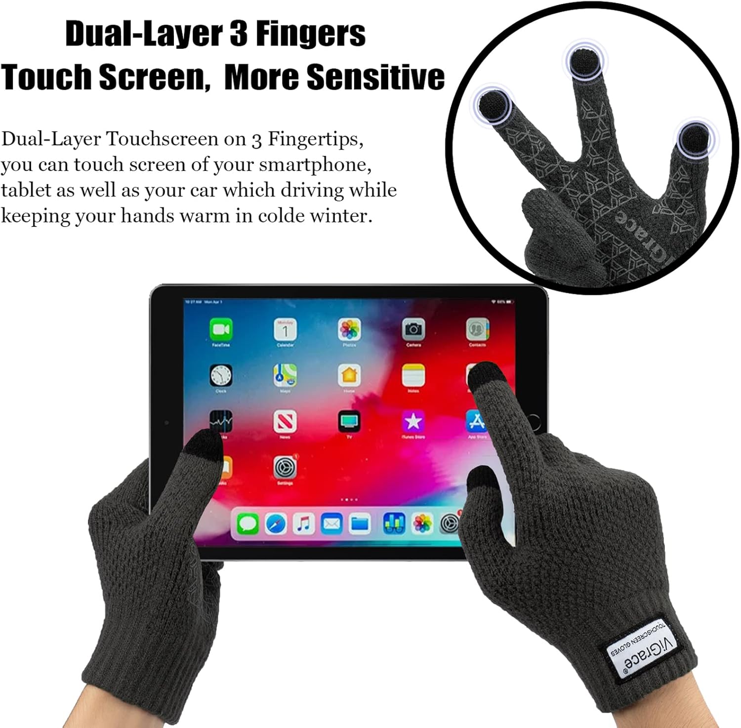 ViGrace Winter Warm Touchscreen Gloves for Men and Women Touch Screen Fleece Lined Knit Anti-Slip Wool Glove - Image 2