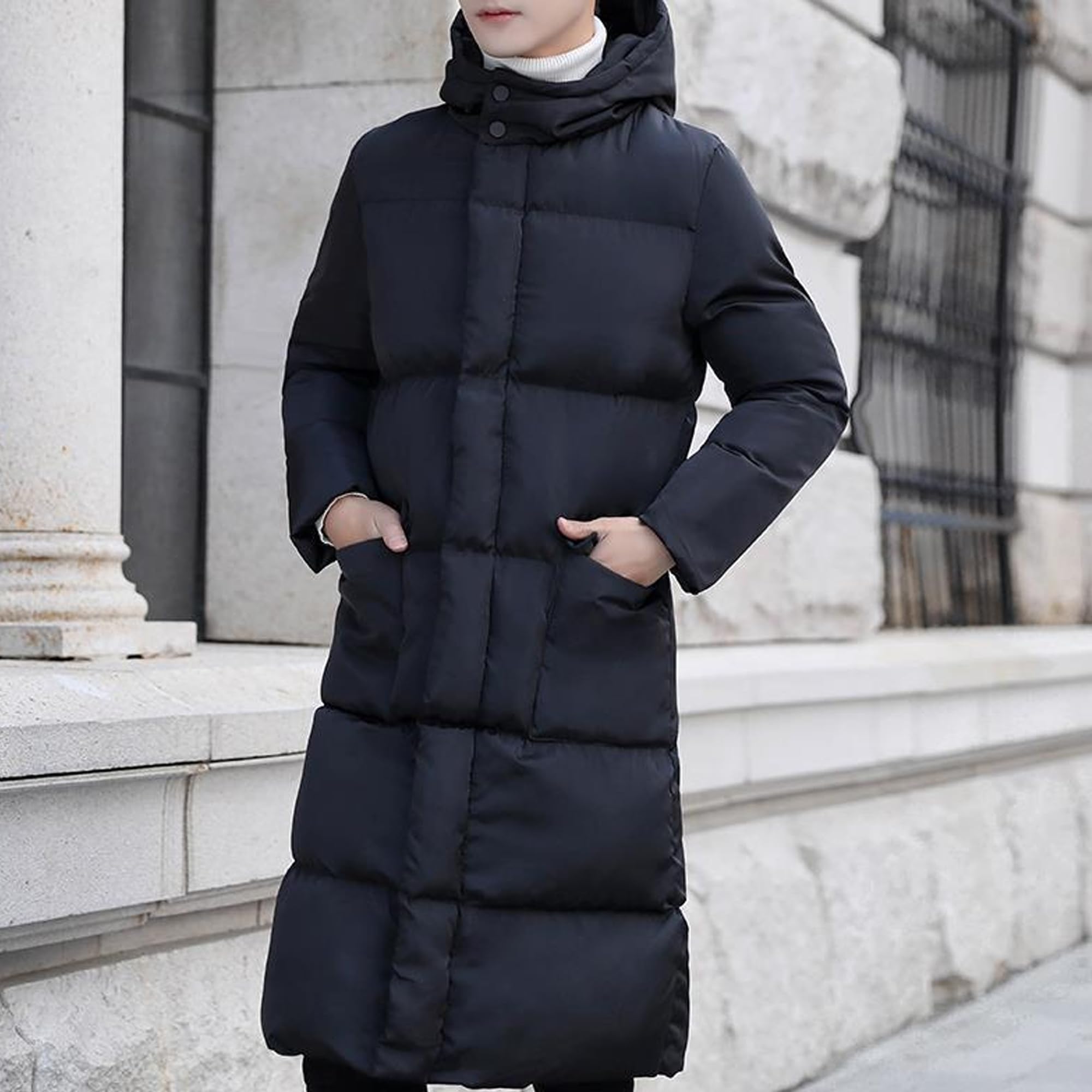 Piumino da uomo lungo con cappuccio trapuntato parka antivento cerniera piumino piumino lungo cappotto invernale con cappuccio per uomo