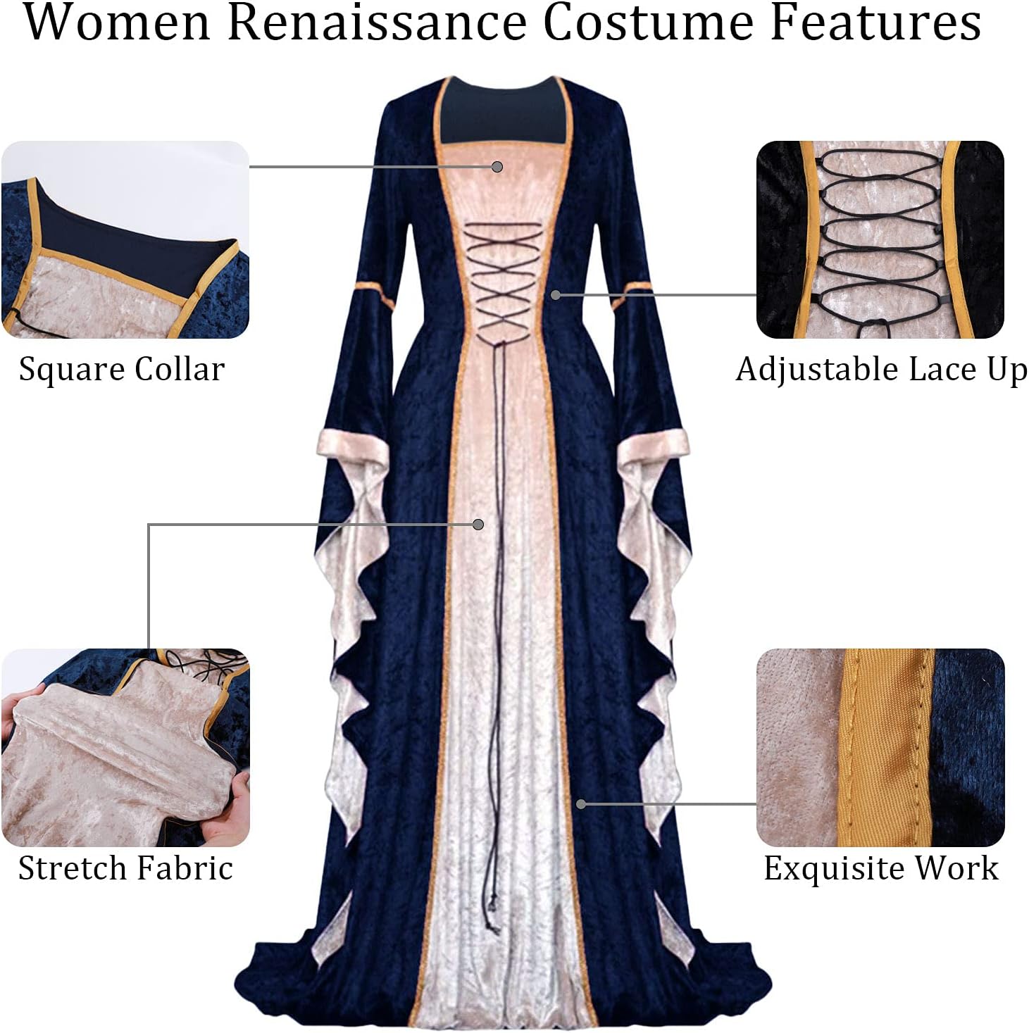 Xplanet Renaissance Dress Costume Womens Medieval Faire Halloween Cosplay Velvet Irish Retro Gothic Gown Long Over Dresses - Image 5