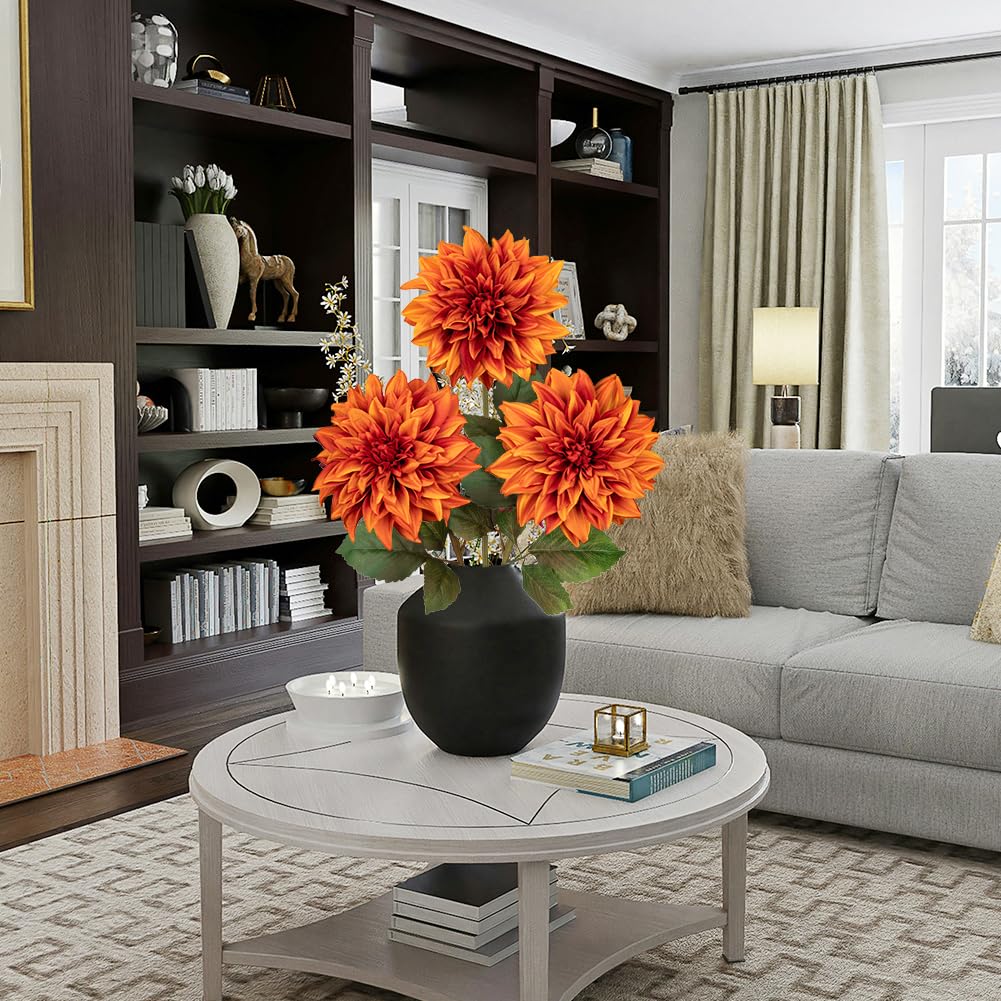 Hollyone 7.5'' Large Artificial Dahlia Flowers with Long Stems, 3pcs Orange Fake Flowers Faux Dahlias - Image 4