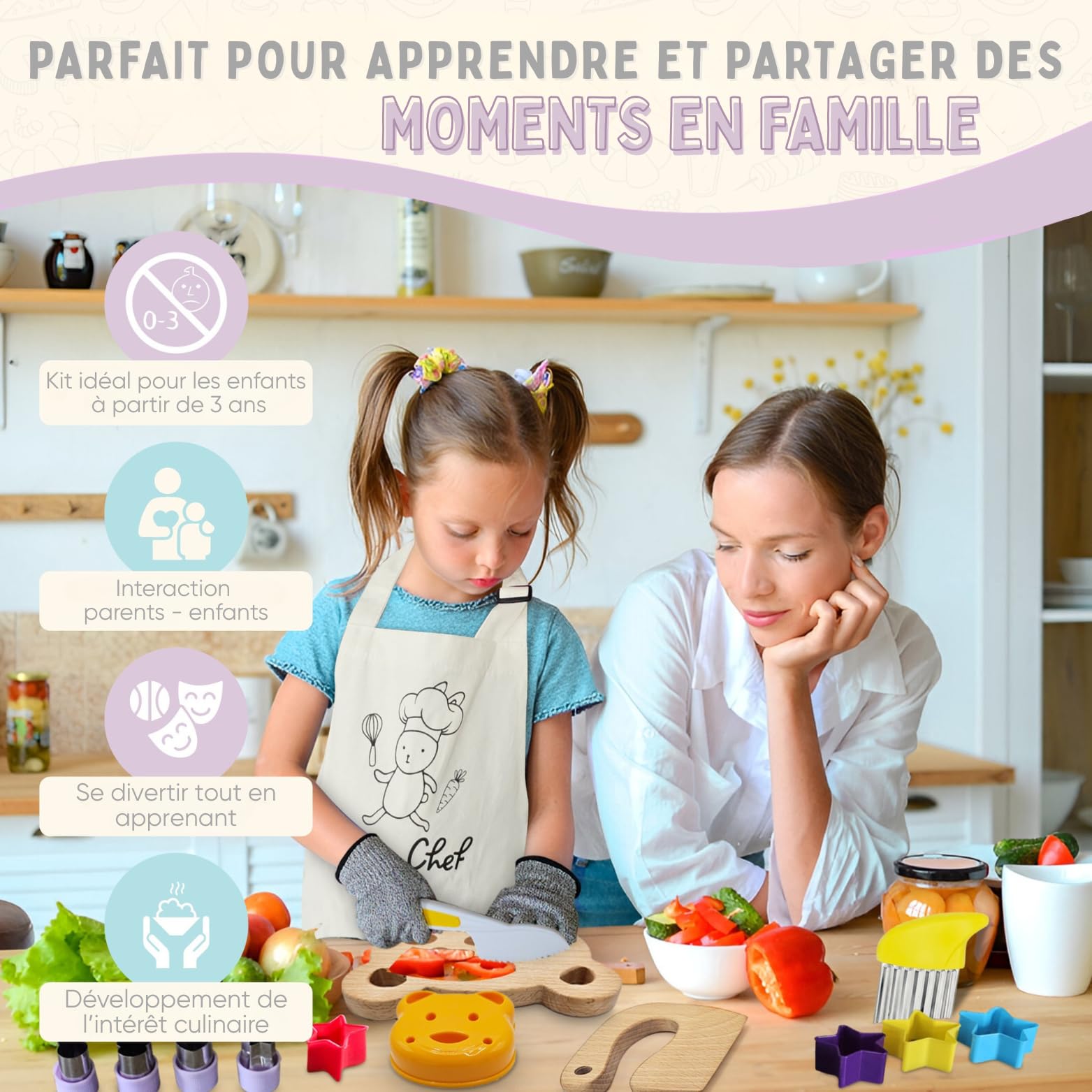Kit Couteau sécurité de Cuisine pour Enfants - 32 Pièces, Dès 3 Ans avec Tablier et Toque - Couteau Montessori pour couper des fruits ou légumes et qui ne coupe pas les doigts