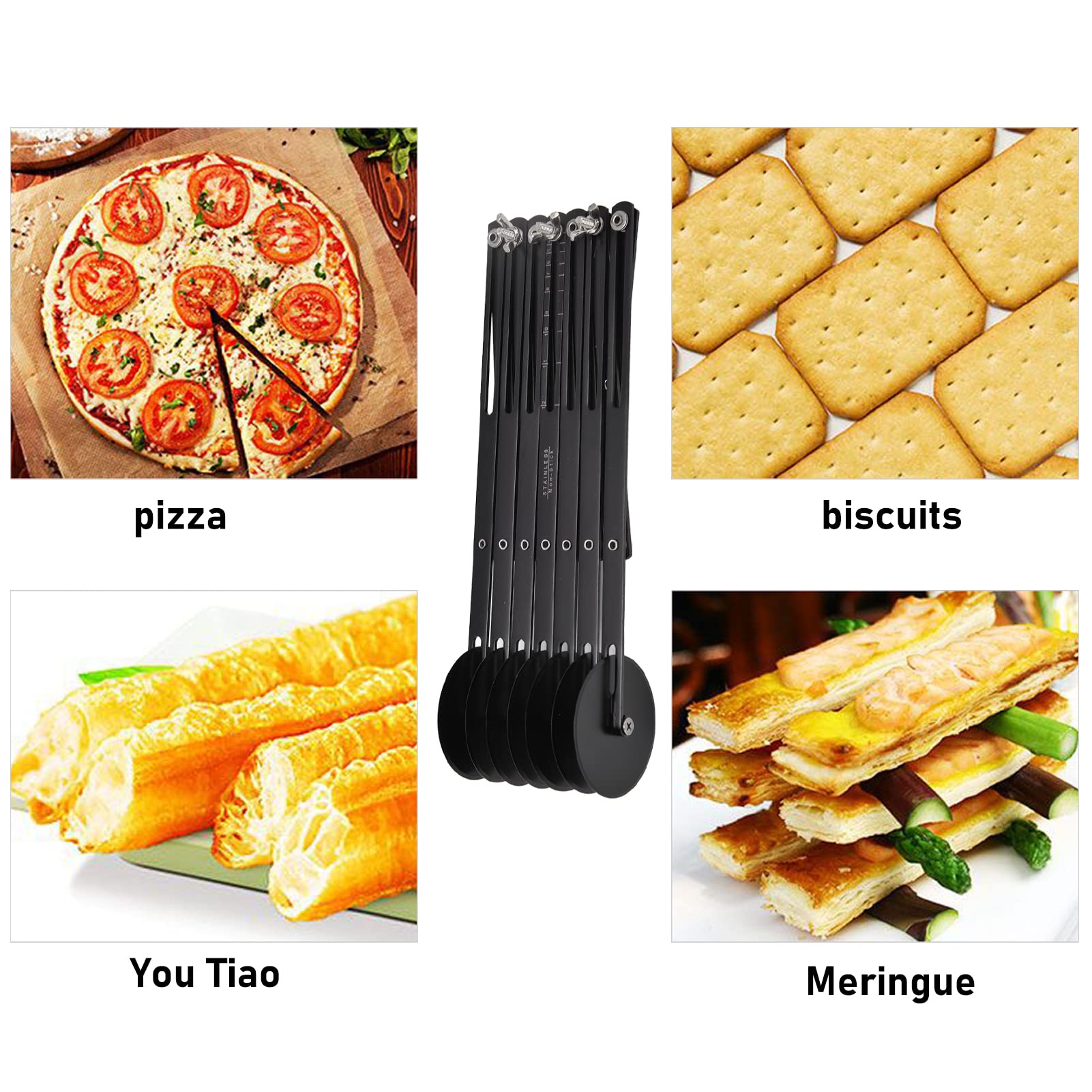 Stalowy krawędź do pizzy bezkostainowej, wielokołowy noża wałka do ciasta, nóż ciasta ze stali nierdzewnej Rozszerzalny noża do pizzy, dzielnik noża do ciasta (7 rund)