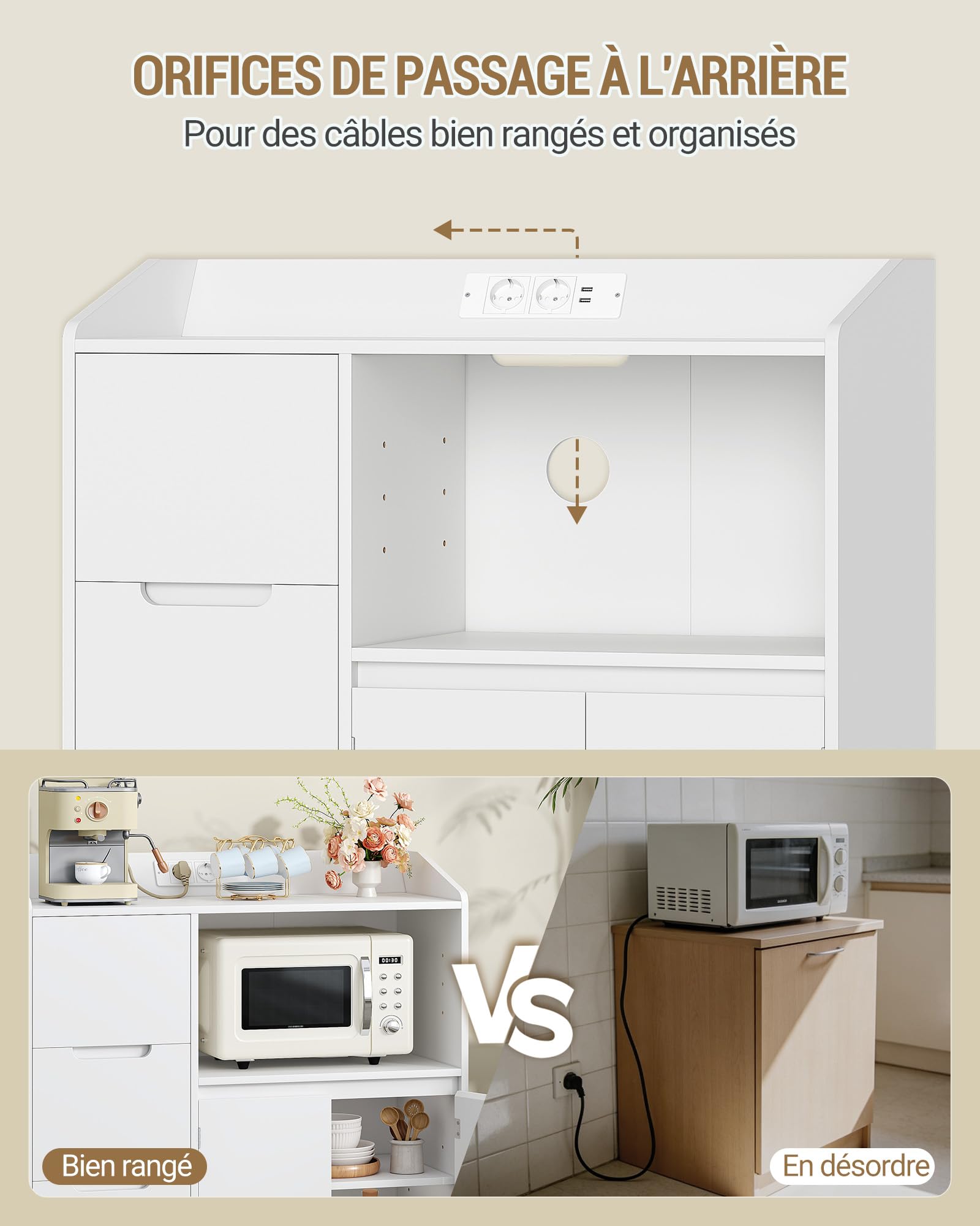 Hzuaneri Meuble Cuisine, Buffet avec Plan, Travail Étagère pour Micro-Ondes, Prise, 3 Tiroirs et 2 Portes, Étagère Réglable, Moderne, Cuisine, Blanc, 38 X 90 X 95 cm, SC31003XEU