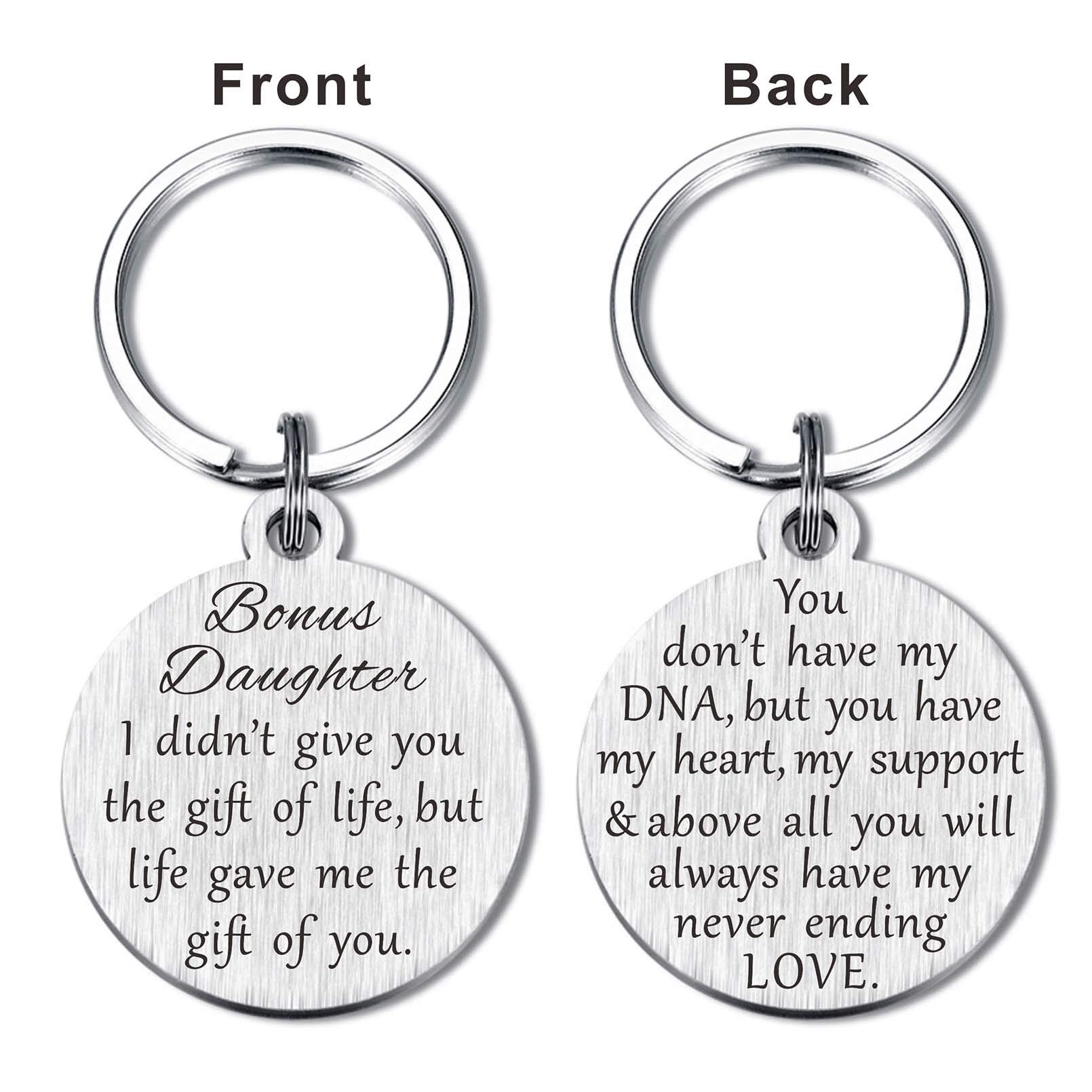 Bonus Daughter Gifts, Mothers Day Stepdaughter Keychain for Graduation Christmas Birthday, Metal Engraved
