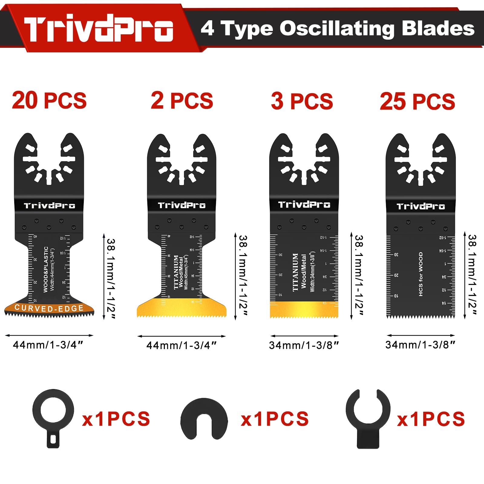 TrivdPro - Juego de 50 cuchillas oscilantes para herramientas múltiples, hojas de sierra oscilantes para metal, madera, plástico, cuchillas osciladoras para multiherramienta, compatible con Dewalt