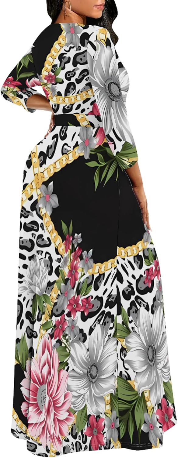 Plus Size Maxi Dresses for Curvy Women Casual 3/4 Sleeve Crewneck Floor Length Floral Print Dress with Belt - Image 4