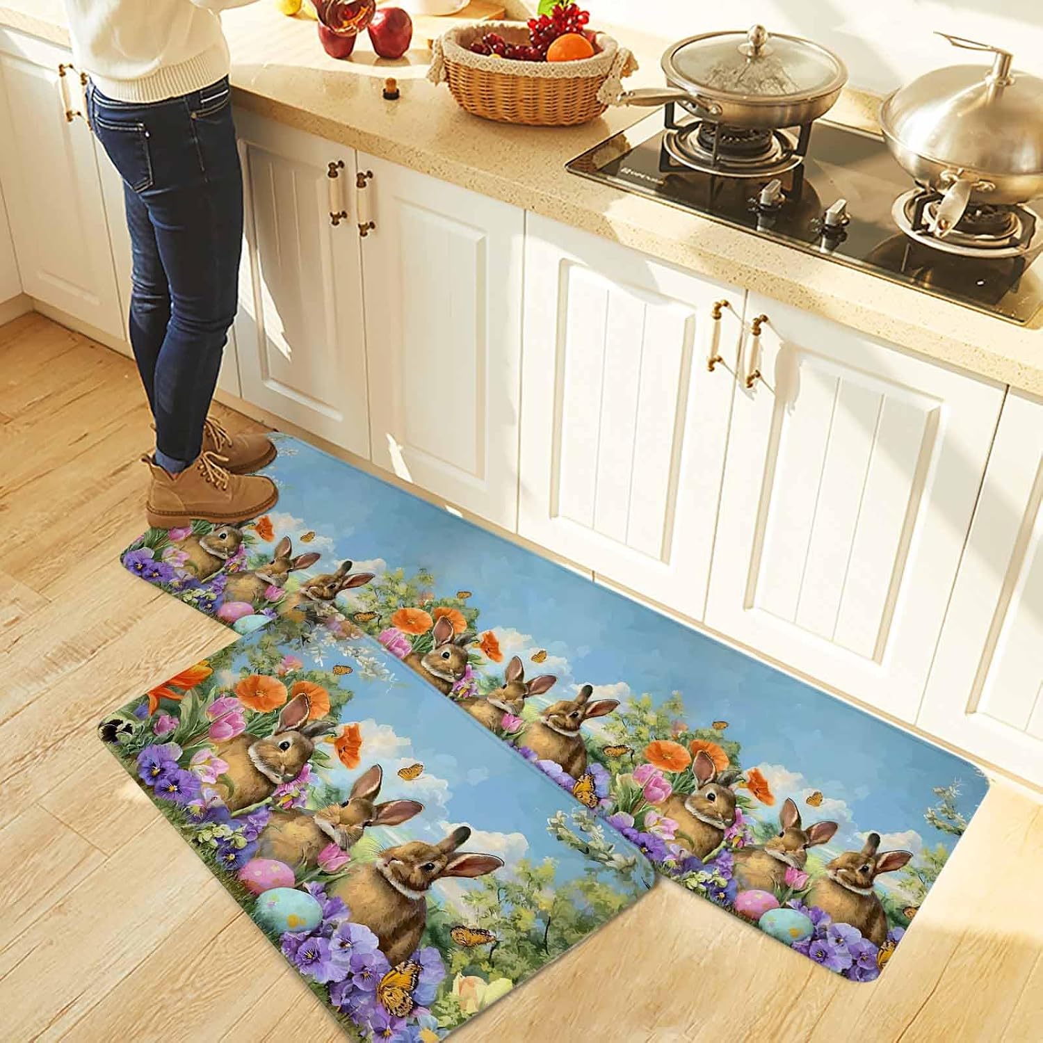 Easter Bunnies Kitchen Rugs and Mats Set of 2, Non-Slip Kitchen Sink Mat, Spring Easter Eggs Garden Floral Washable Doormat Bathroom Rugs Runner for Bedroom/Living Room 17.7"x30"+17.7"x59"