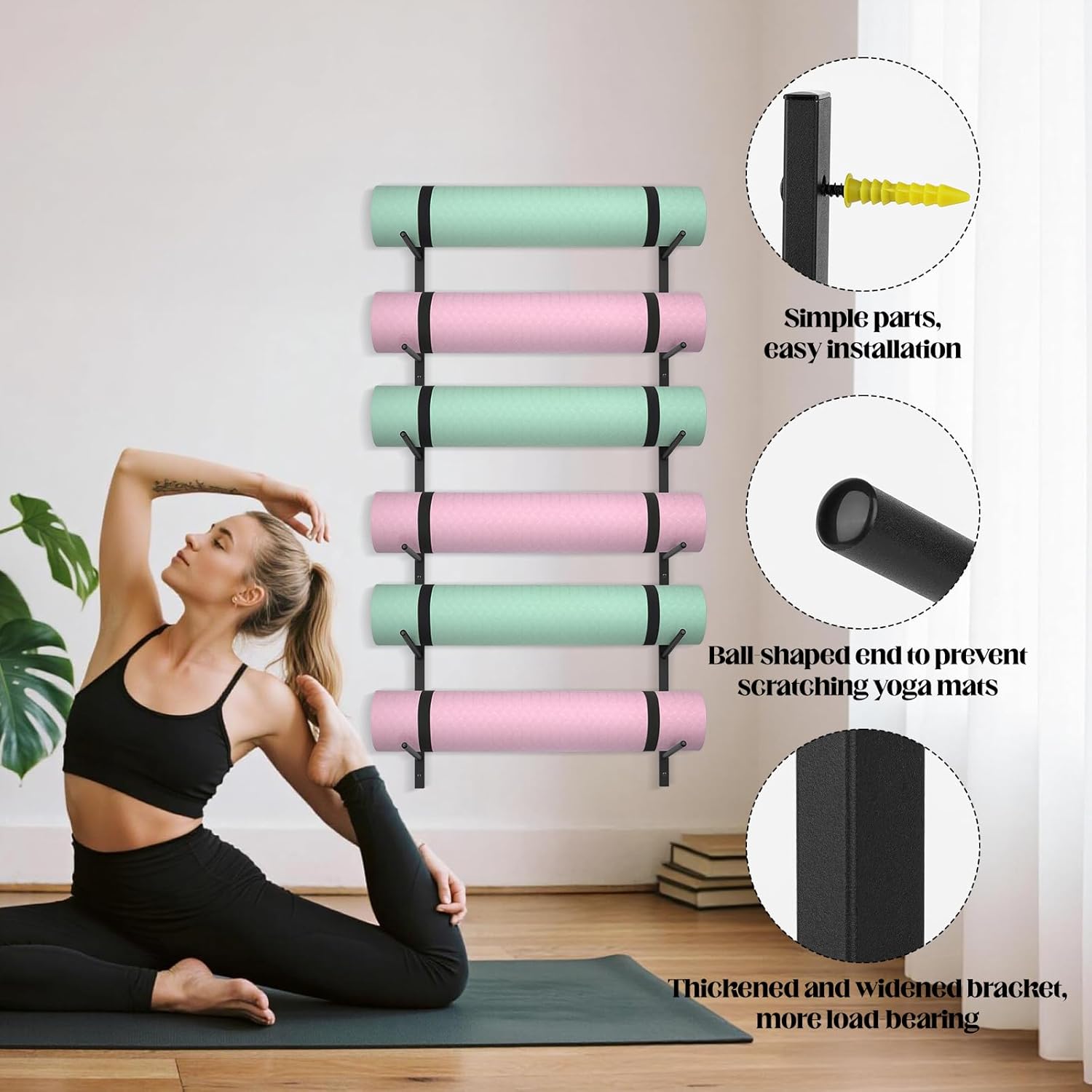 6 Tier Yoga Mat Rack,Yoga Mat Holder Wall Mount,Yoga Mat Storage Rack,Holds 30 lbs for Foam Rollers,Resistance Bands,Home Gym