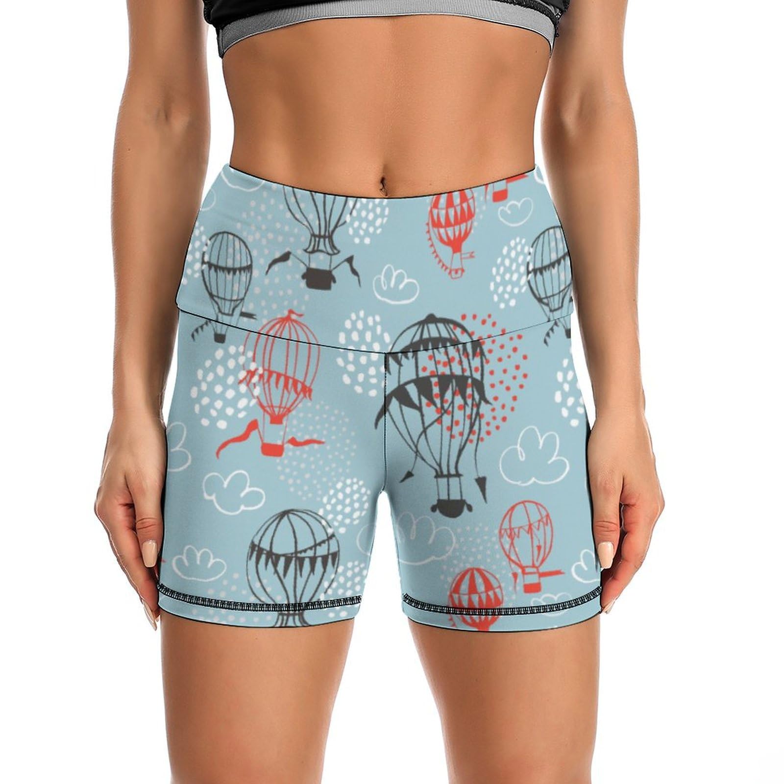 Cute Hot Air Balloon Print High Waist Yoga Shorts for Women Athletic Shorts Leggings Running Pants Black