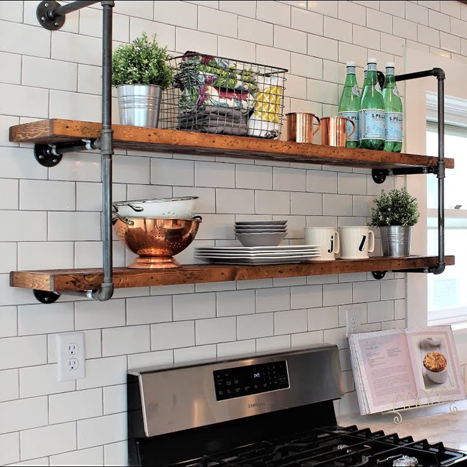Estantería de tubo industrial para pared con estantes flotantes rústicos de hierro, para pared, soportes de estantería para casa, cocina, oficina (4 niveles, 2 unidades, 37 pulgadas de alto, 32