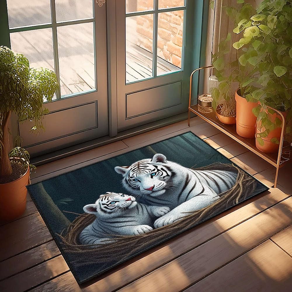 Grand paillasson d'intérieur tigre blanc 65x90 cm pour entrée d'automne