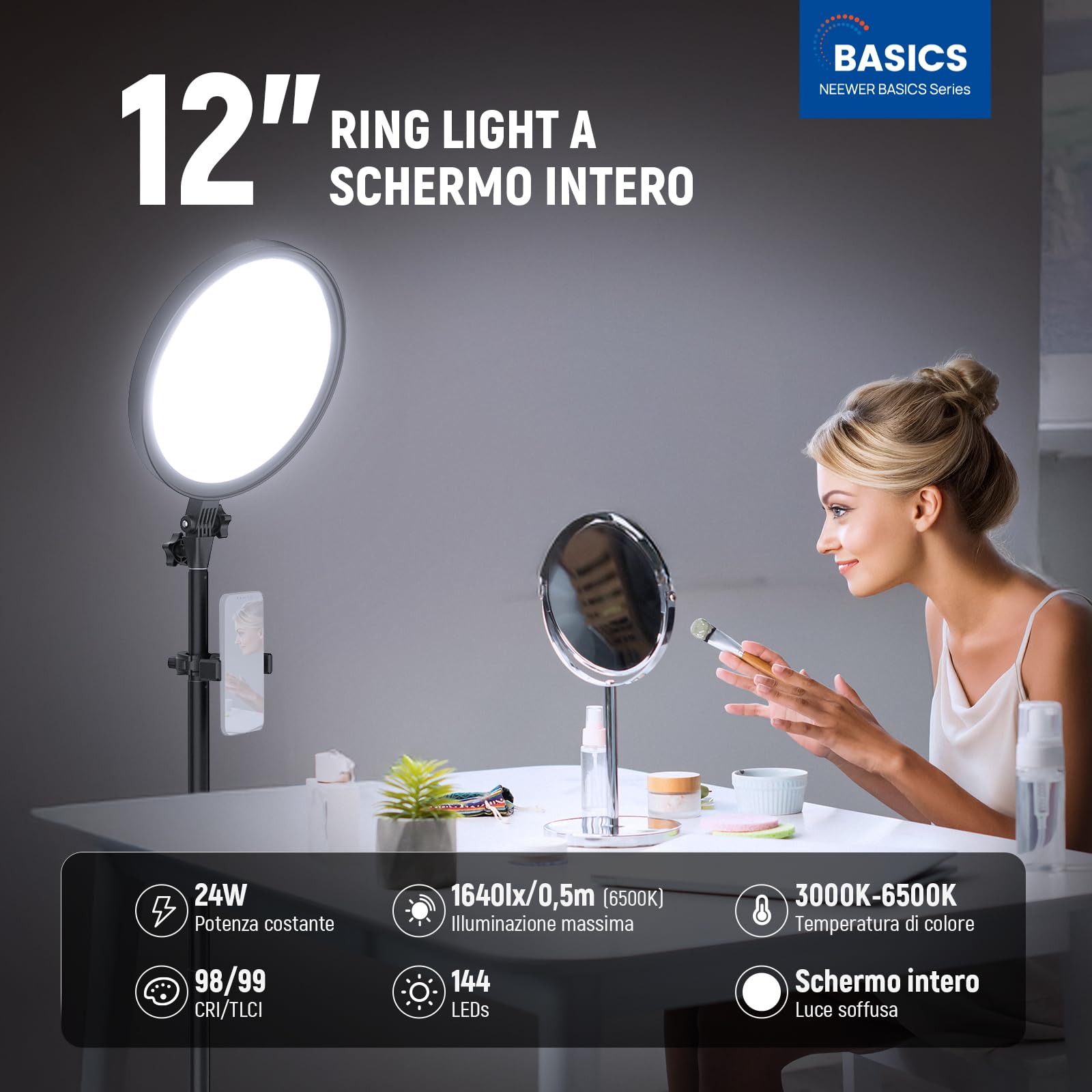 NEEWER BASICS Ring Light Grande 30cm 24W con Stand 68"/Portatelefono/Telecomando per iPhone Video Selfie Streaming Trucco Fotografia Studio, 3000K-6500K CRI98 Luce Pannello LED a Schermo Intero, BR13