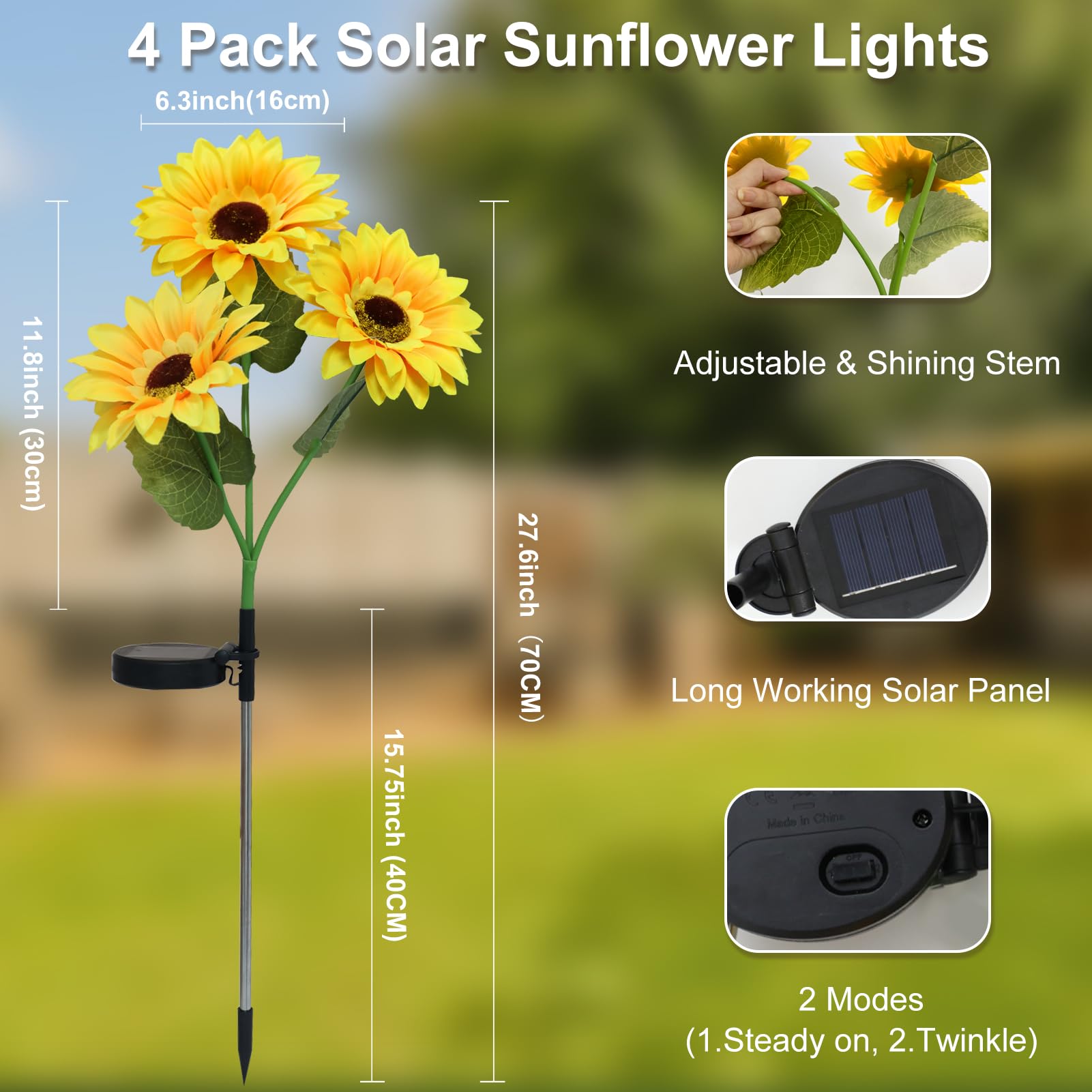 Confezione da 4 luci solari a forma di girasole impermeabili per esterni, luci a energia solare, accensione/spegnimento automatiche, luci da giardino, decorazione per prato, sentieri, paesaggi, regali