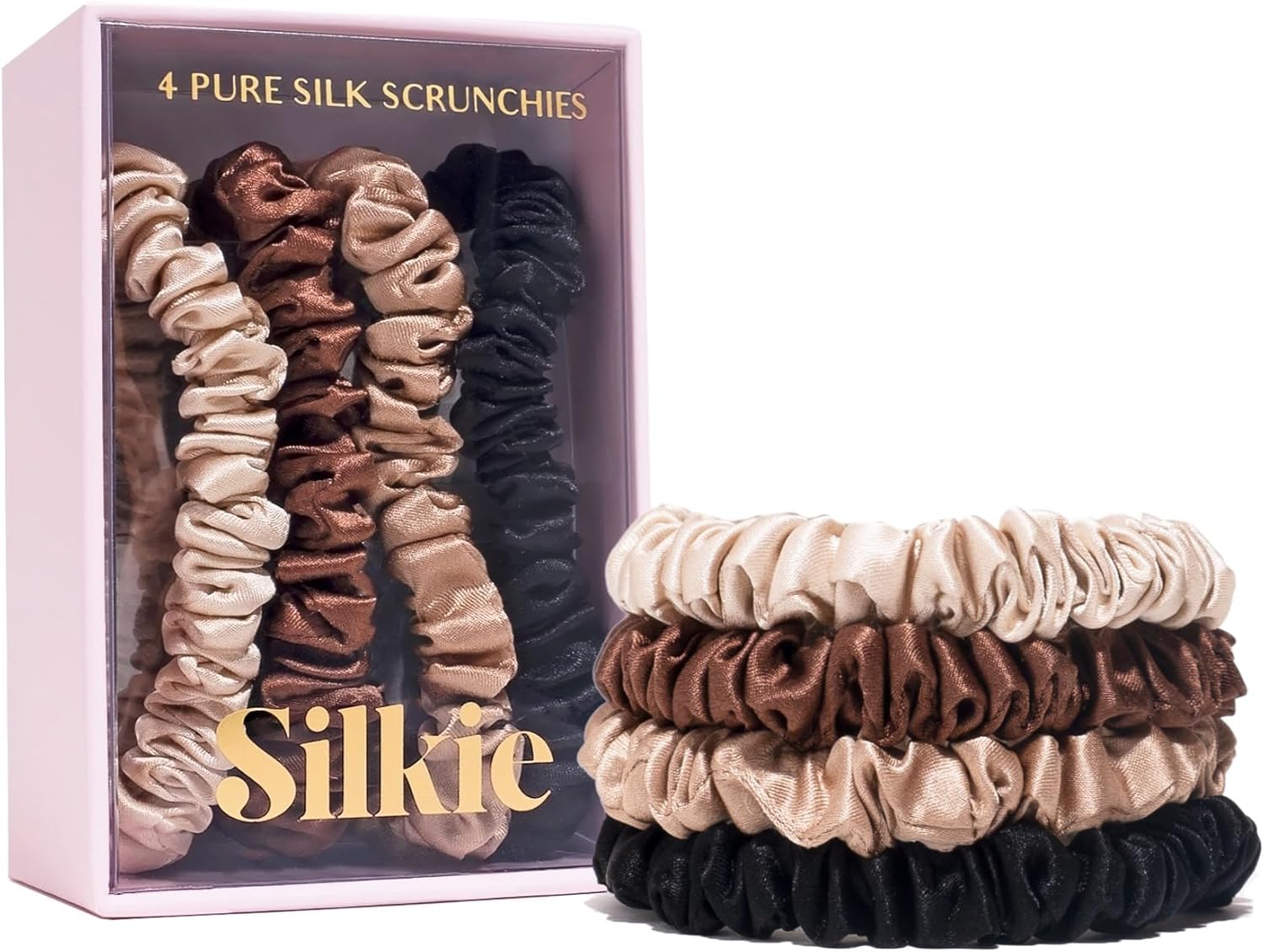 SILKIE x4 Set - Forget Satin - 100% Pure Mulberry Silk Black Brown Skinny Scrunchies Travel Pouch Everyday Hair Ties Elastics Hair Care Ponytail Holder No Damage (Chocolate)
