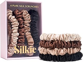 SILKIE x4 Set - Forget Satin - 100% Pure Mulberry Silk Black Brown Skinny Scrunchies Travel Pouch Everyday Hair Ties Elastics Hair Care Ponytail Holder No Damage (Chocolate)