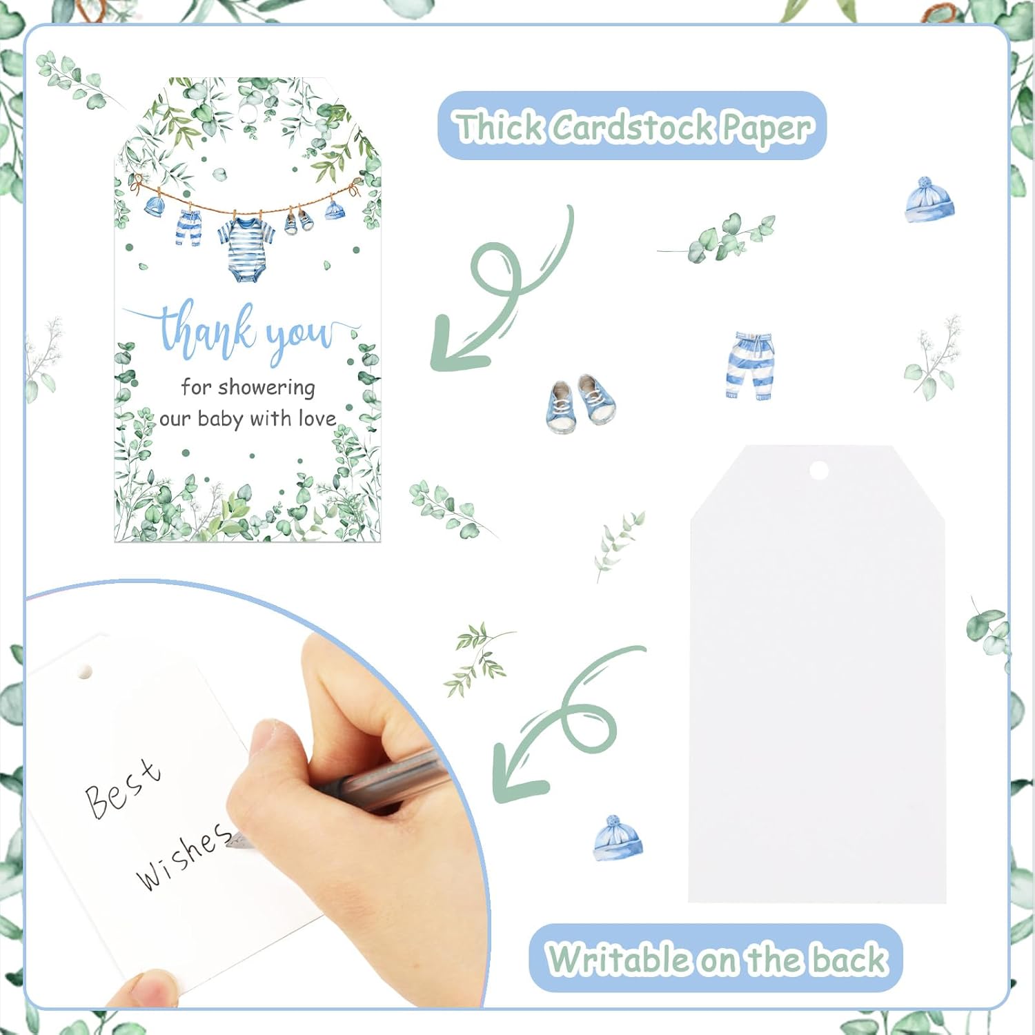 Serencatcher Baby Shower Thank You Tags Boy, 50pcs Greenery Blue Boy Clothes Thank You Tags with String Thank You for Showering Our Baby with Love Gift Tags for Baby Shower Party Favors - Image 6