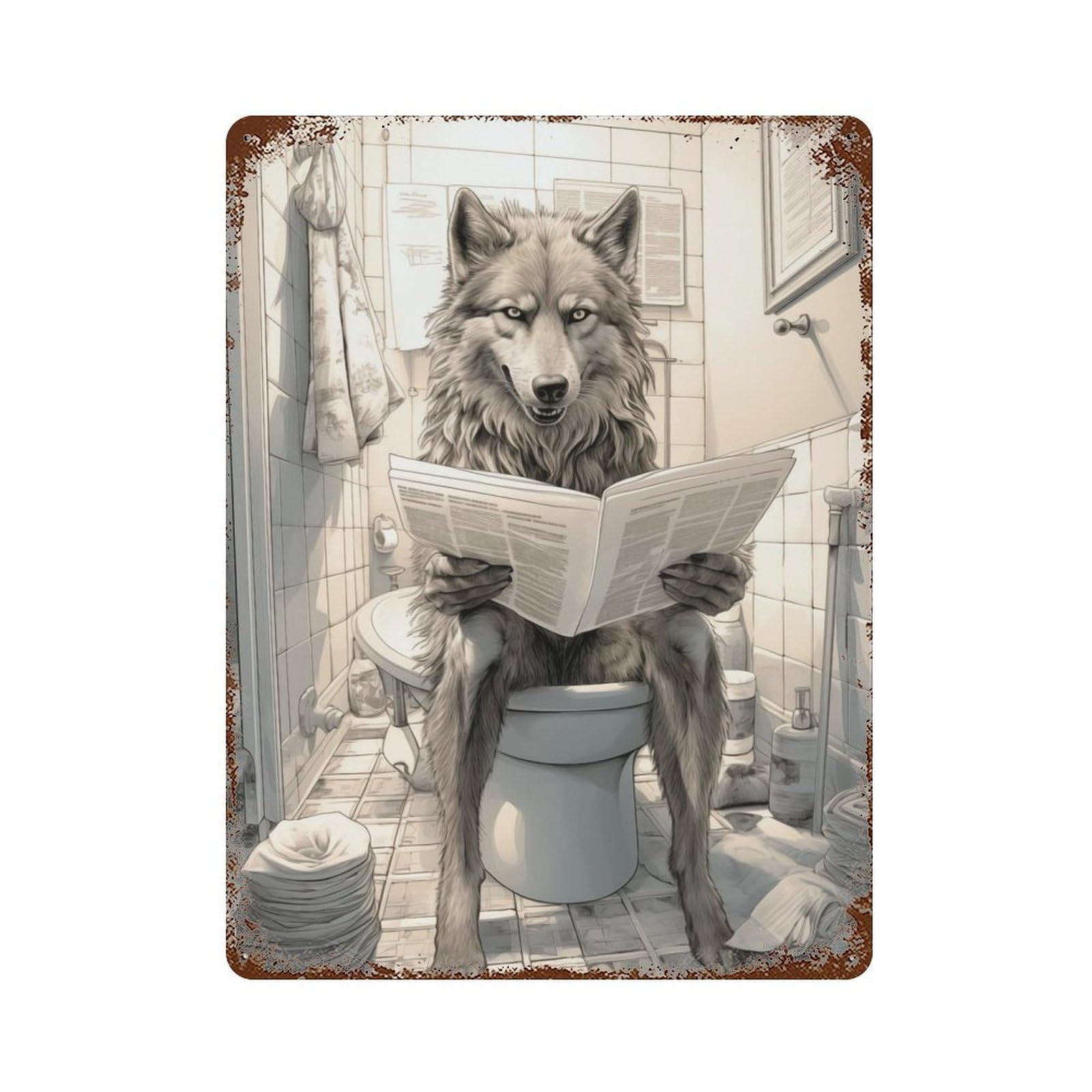 Wolf on Toilet Retro Metal Sign 15.7"x11.8", Classic Wall Plaque for Garage, Pub Or Kitchen