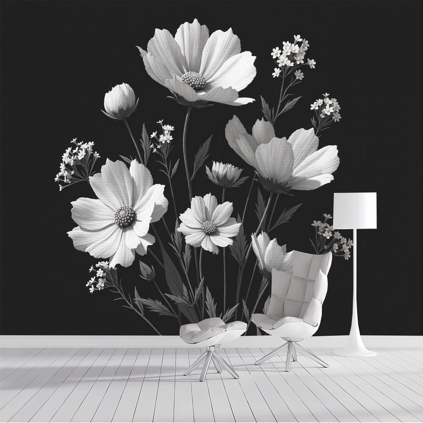 Papel tapiz fotográfico 3D de flores silvestres 200x140cm pintado panorámico blanco y negro