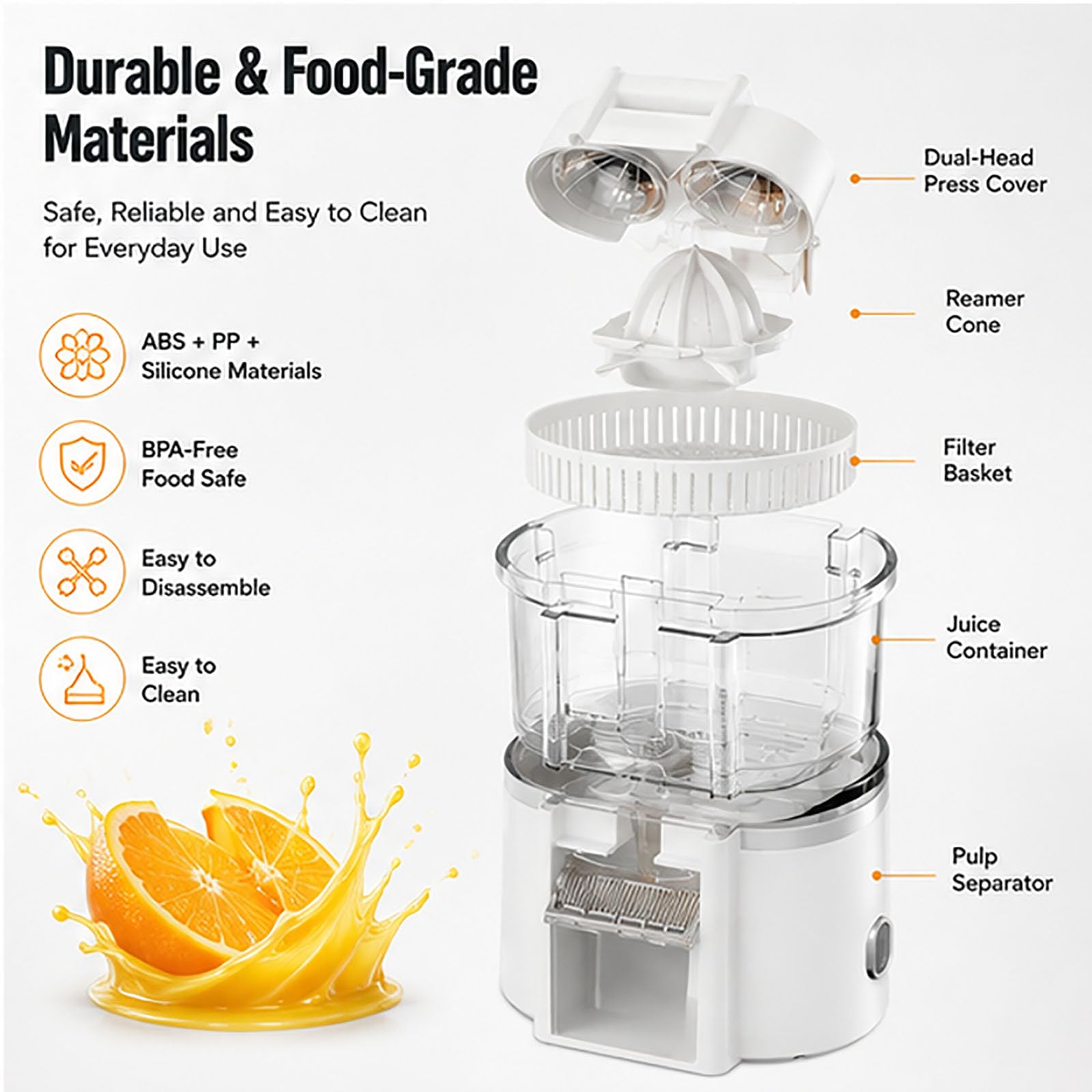 Exprimidor eléctrico de cítricos de doble cabezal, recargable inalámbrico | Exprimidor automático portátil de 100 W, 600 ml, motor de 20000 RPM, alimentado por USB, para uso en naranja(white)