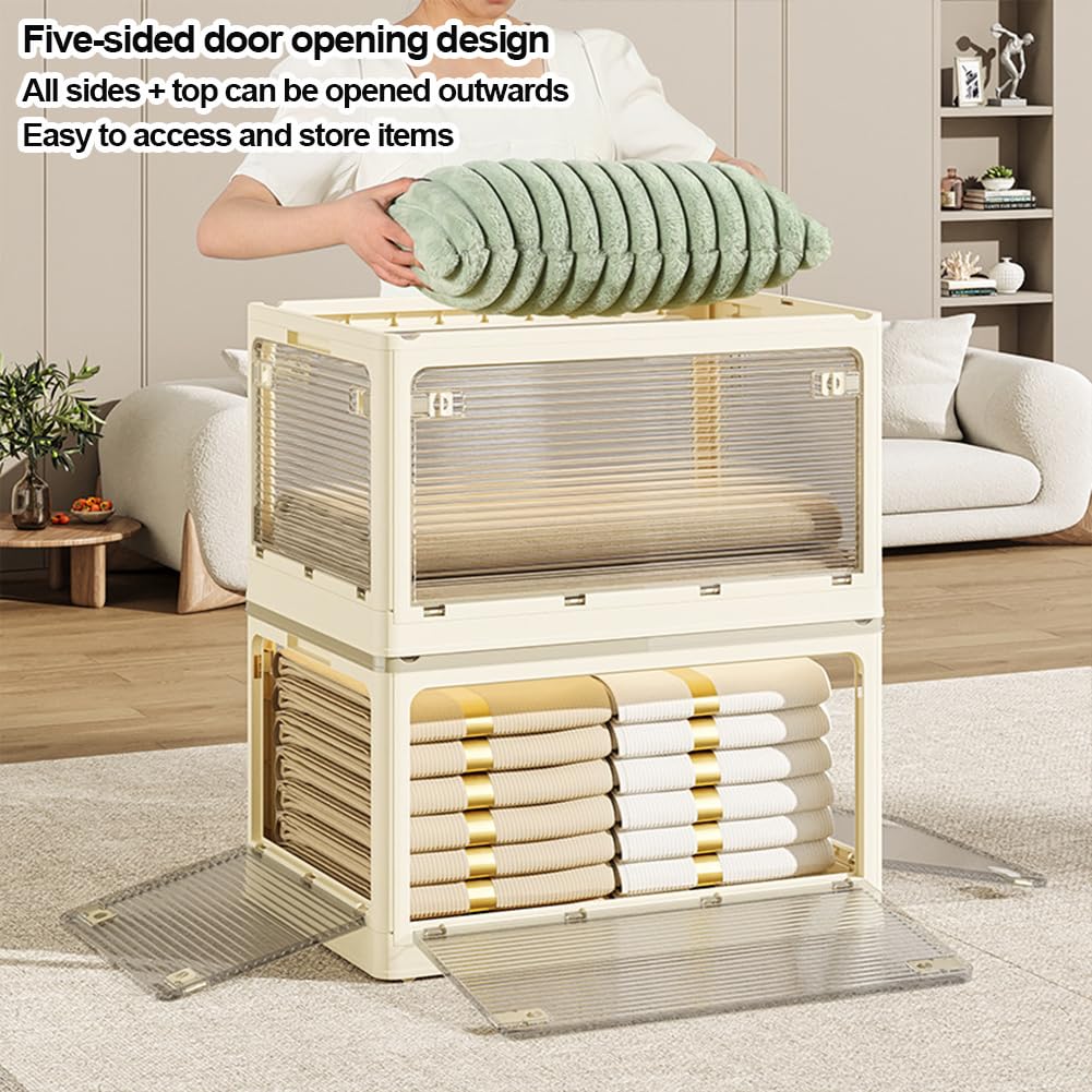 Caja de almacenamiento de plástico con tapa, caja de almacenamiento transparente plegable con cuatro puertas, contenedores apilables para almacenamiento con ruedas, organizador de armario para dormit