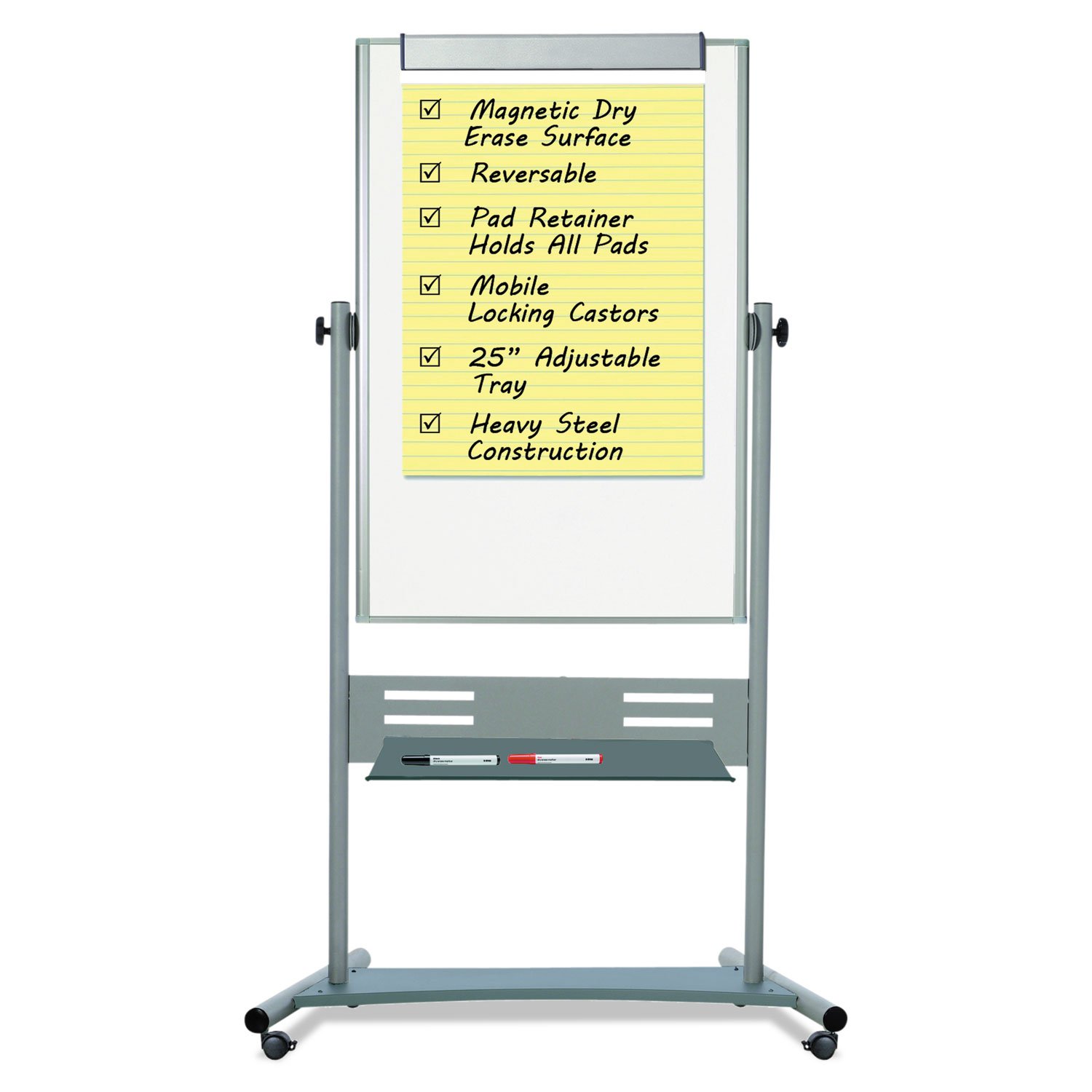 MasterVision QR5203 Magnetic Reversible Mobile Easel, 35 2/5w x 47 1/5h, 80-Inch h Easel, White/Silver