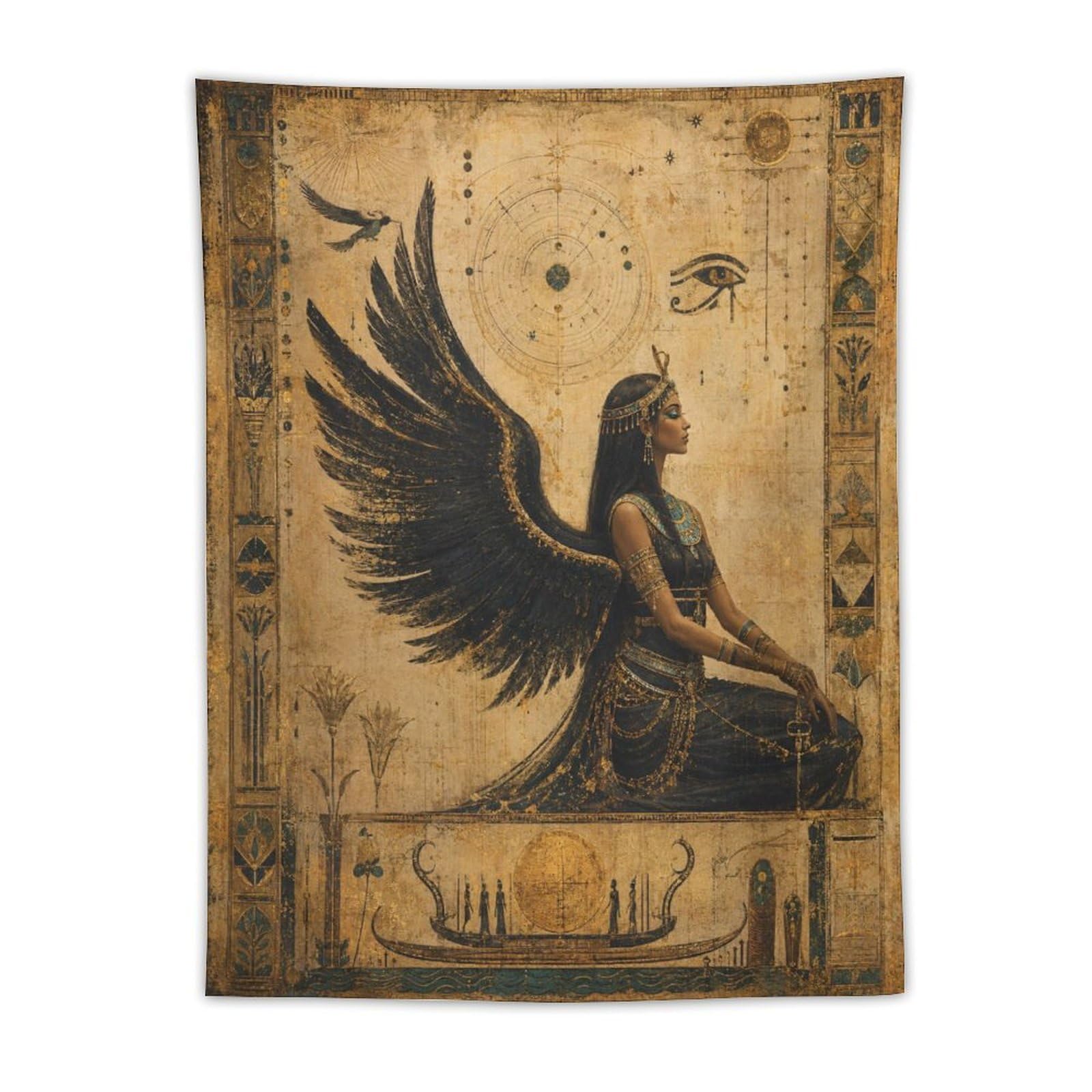 W7C8U2X3 Egyptian Winged Goddess Papyrus Wall Tapestry, Backdrop