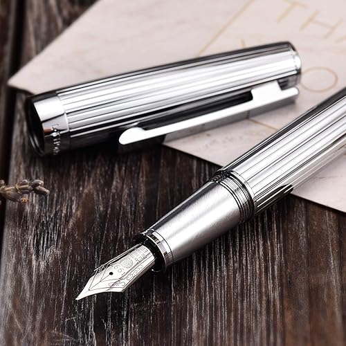 Vista 14 de Hongdian 1845 - Pluma estilográfica de punta fina, color negro a rayas doradas, instrumento de escritura sólido con estuche para bolígrafos